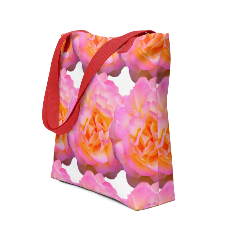 Double print floral tote bags for shopping with pink and orange rose design and red handles