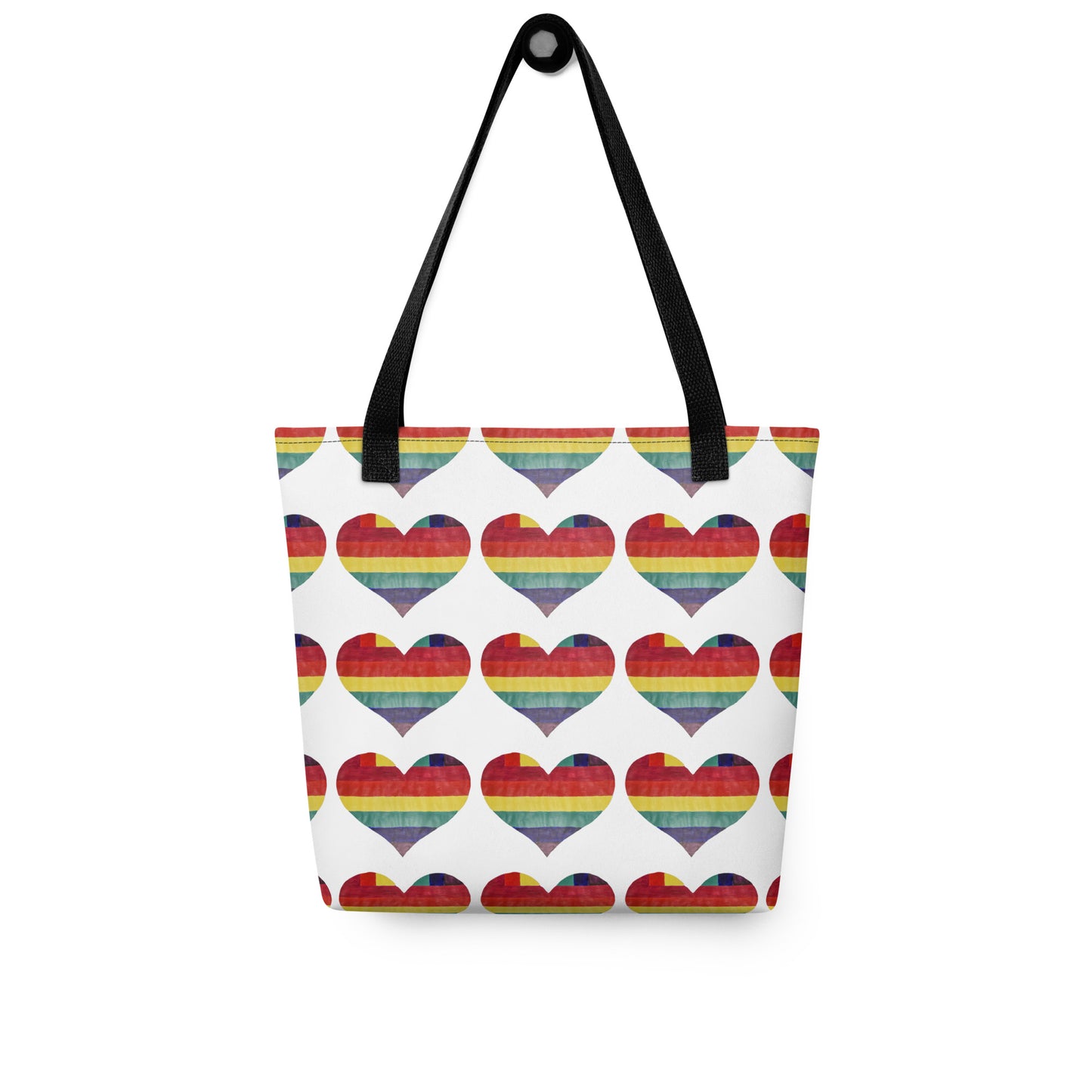 LGBT pride tote bag with rainbow heart pattern and black handles from NUSH'S STORE