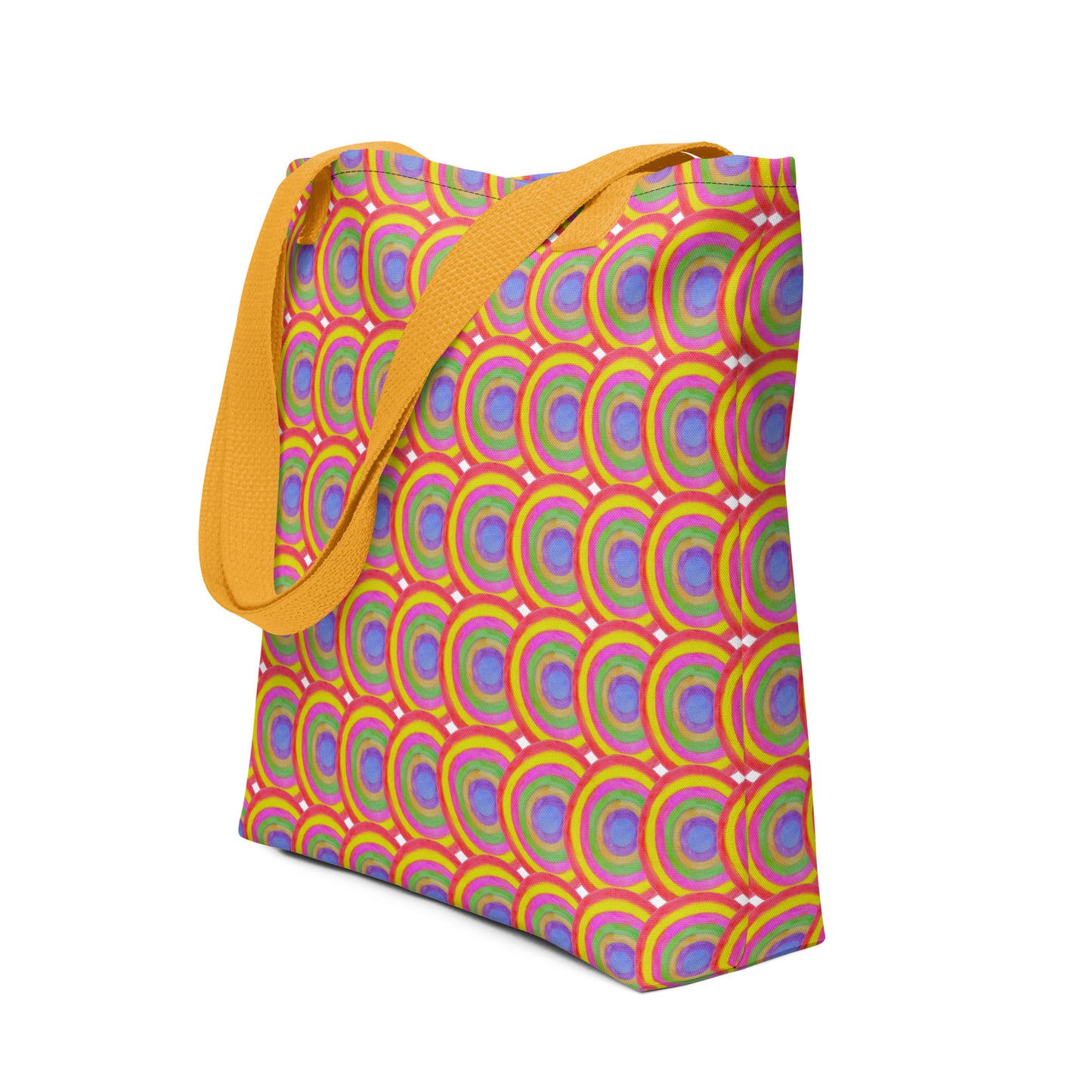 Colorful boho tote bag for summer with yellow straps and vibrant circular pattern