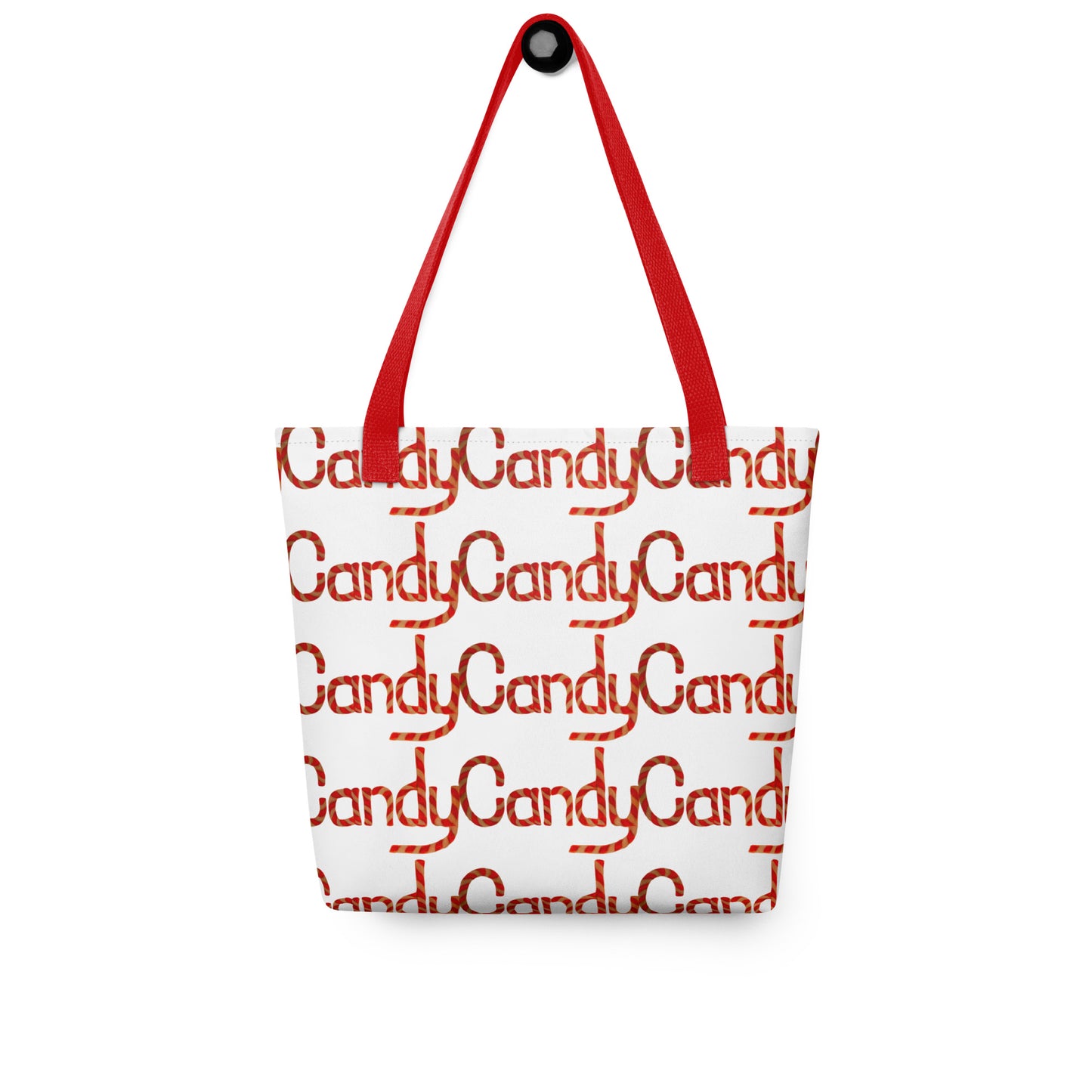 Candy cane print tote bag CHRISTMAS AND HALLOWEEN with red handles on white background