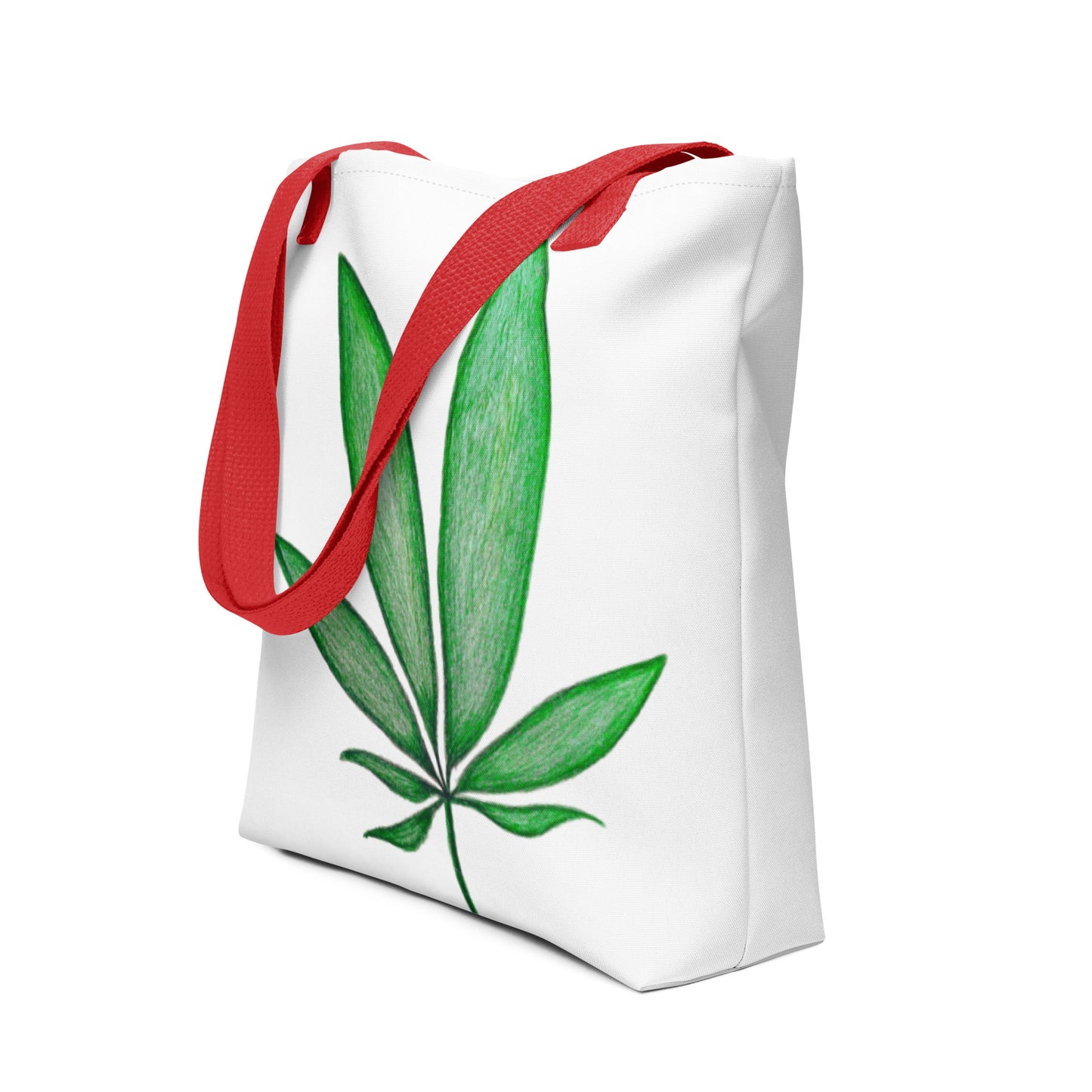 White canvas shopping tote with leaf design and red shoulder straps from NUSH'S STORE