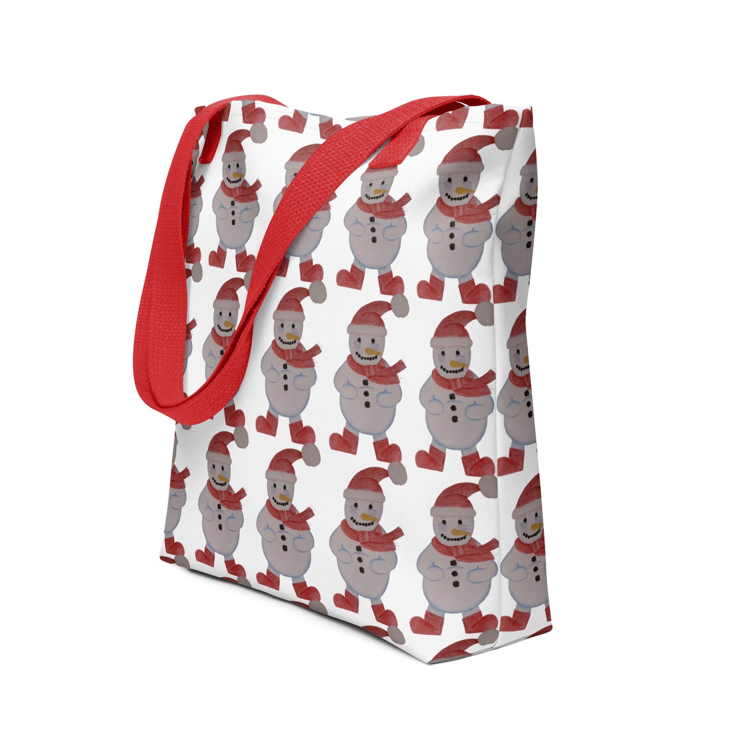Christmas tote bag with yellow handles SNOWMAN PRINT featuring red straps and festive snowman design