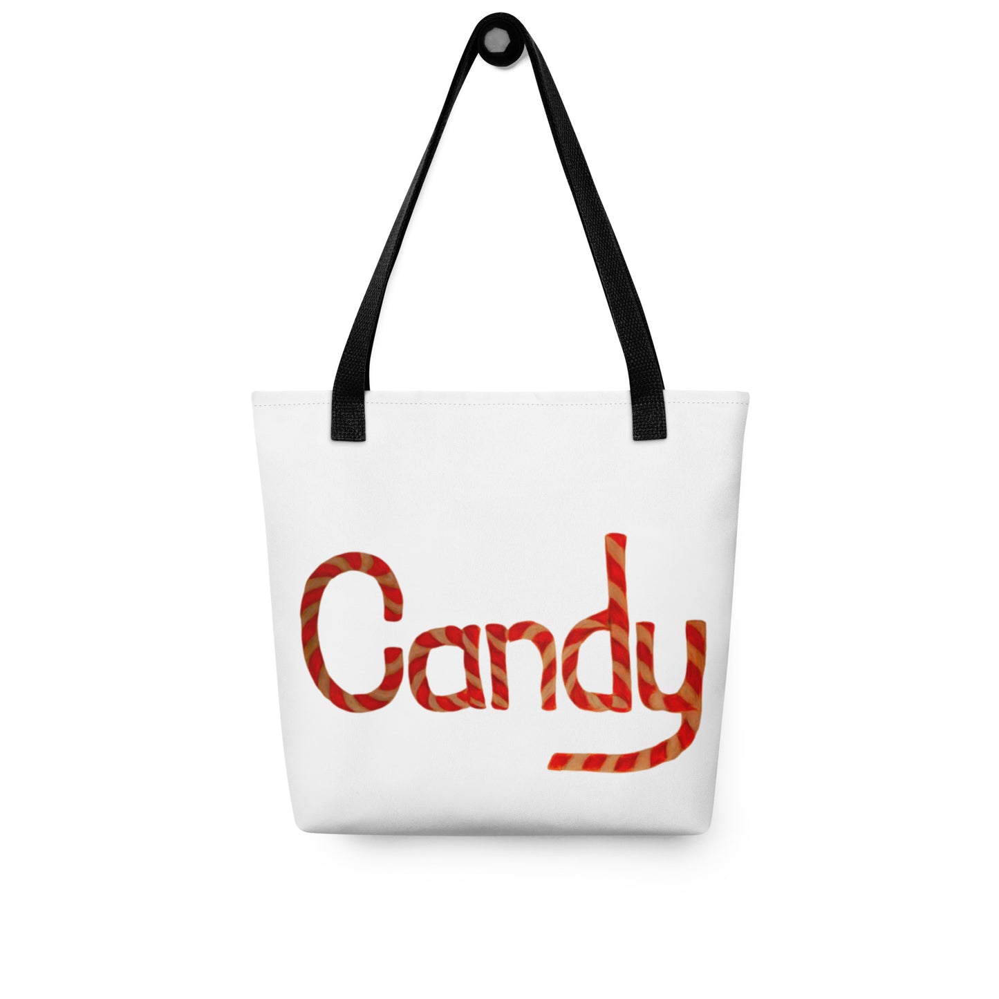 White tote bag with black handles featuring the word Candy in red striped design cute candy print tote bag