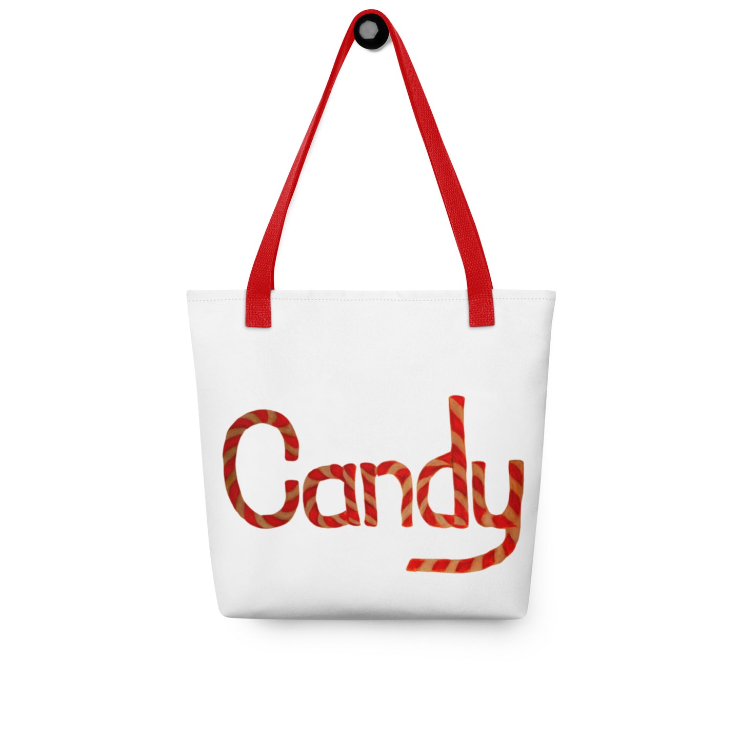 Cute candy print tote bag with red handles and candy cane style lettering on white background