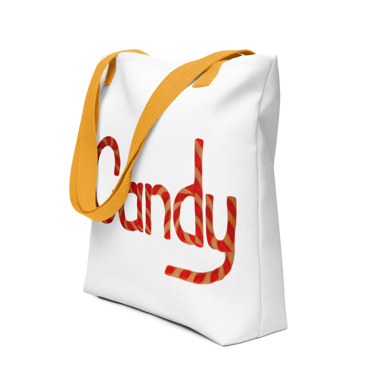 White cute candy print tote bag with orange straps featuring candy cane style text design