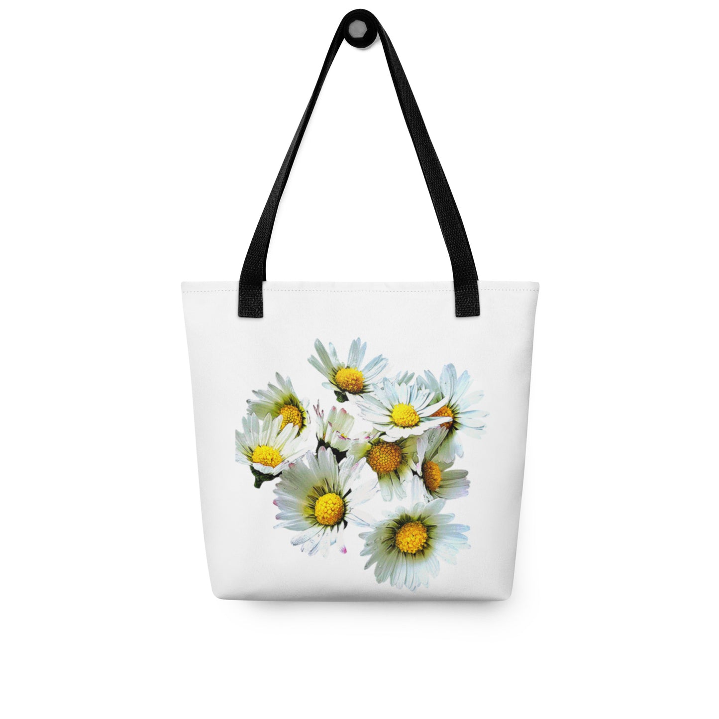 White tote with black handles featuring a vibrant daisy print shopping bag design from NUSH'S STORE