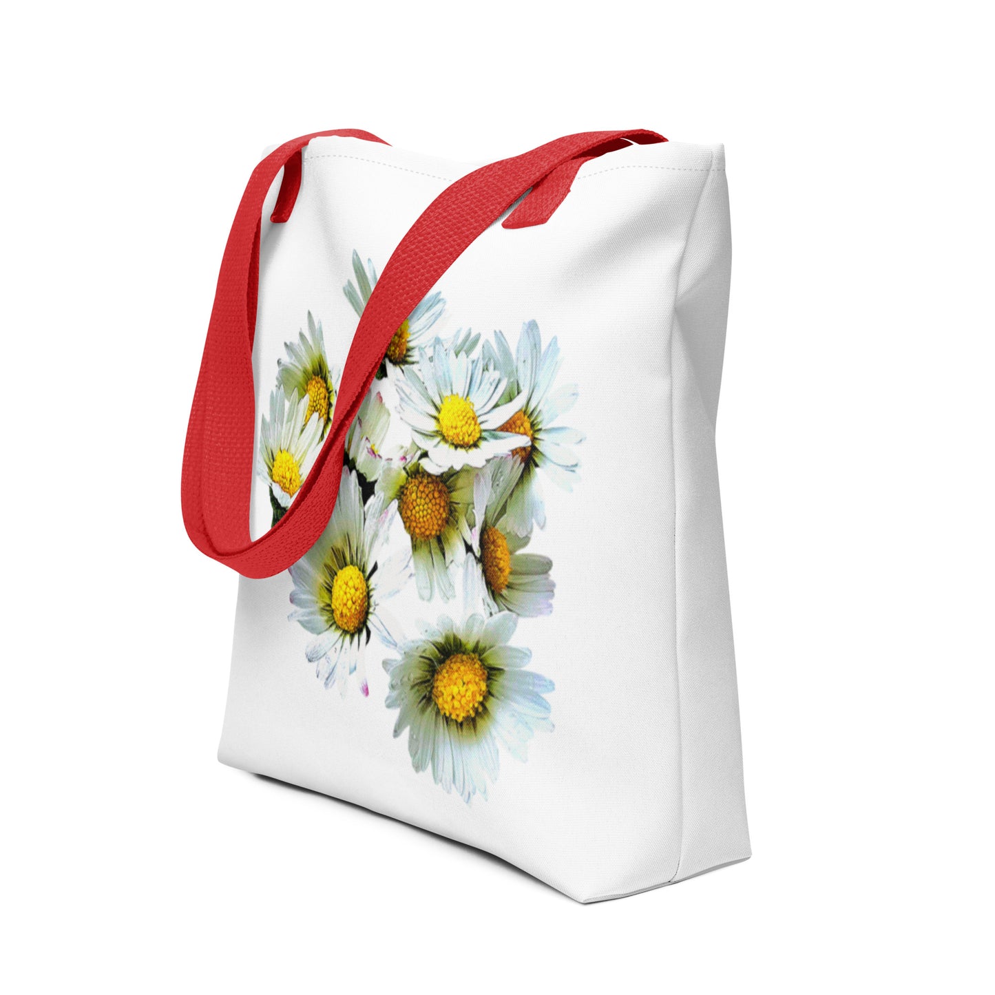 White daisy print shopping bag with red handles featuring bright yellow and white flower design