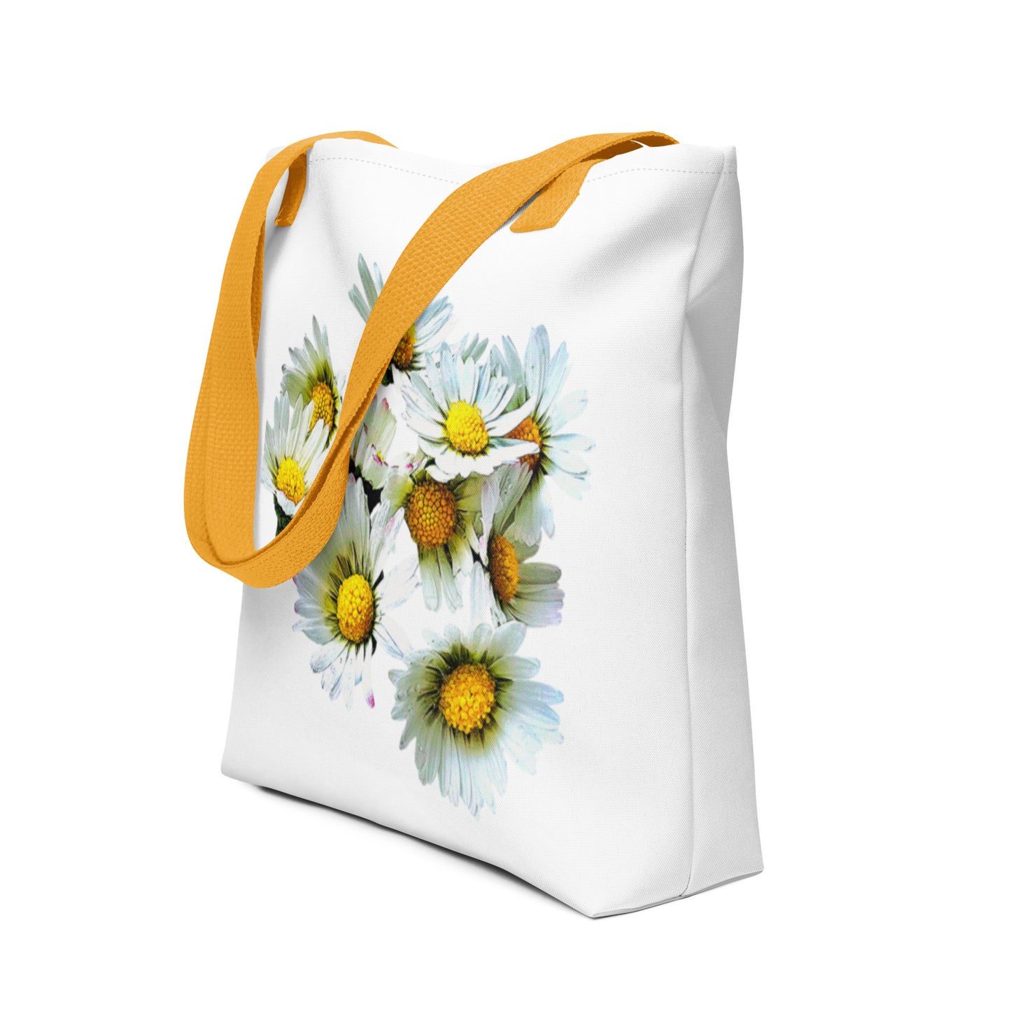 White daisy print shopping bag with bright yellow handles from NUSH'S STORE