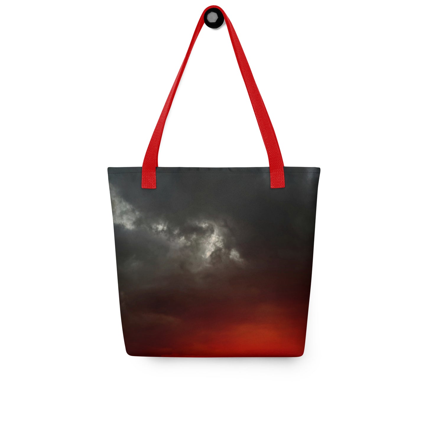 Eco-friendly reusable shopping bag A CLOUDY SUNSET PRINT with red handles and dark sky design