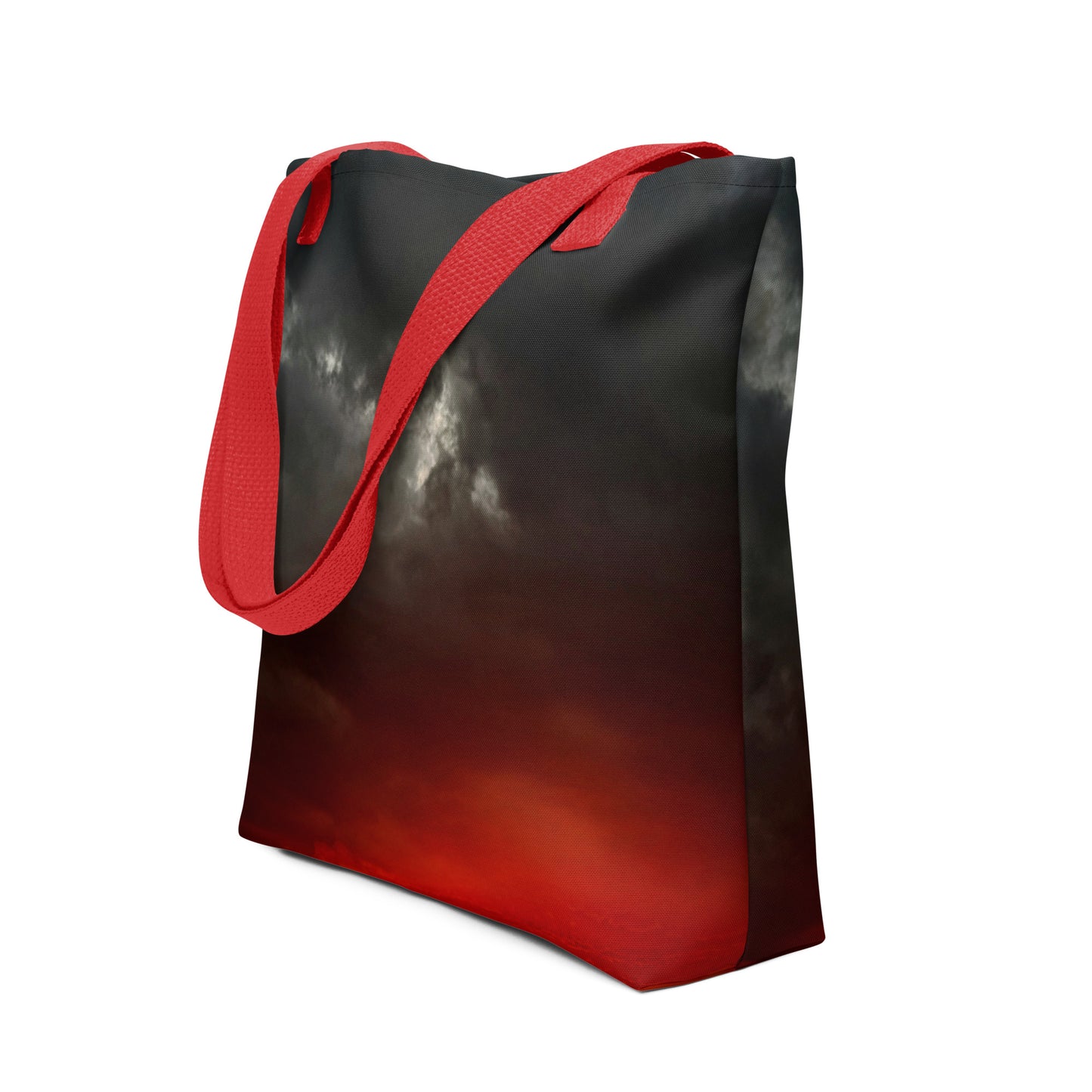 Eco-friendly reusable shopping bag A CLOUDY SUNSET PRINT with red handles by NUSH'S STORE