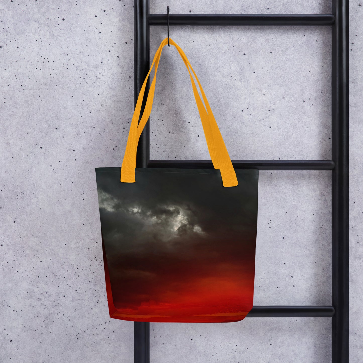 Eco-friendly reusable shopping bag A CLOUDY SUNSET PRINT with dark stormy sky and orange straps