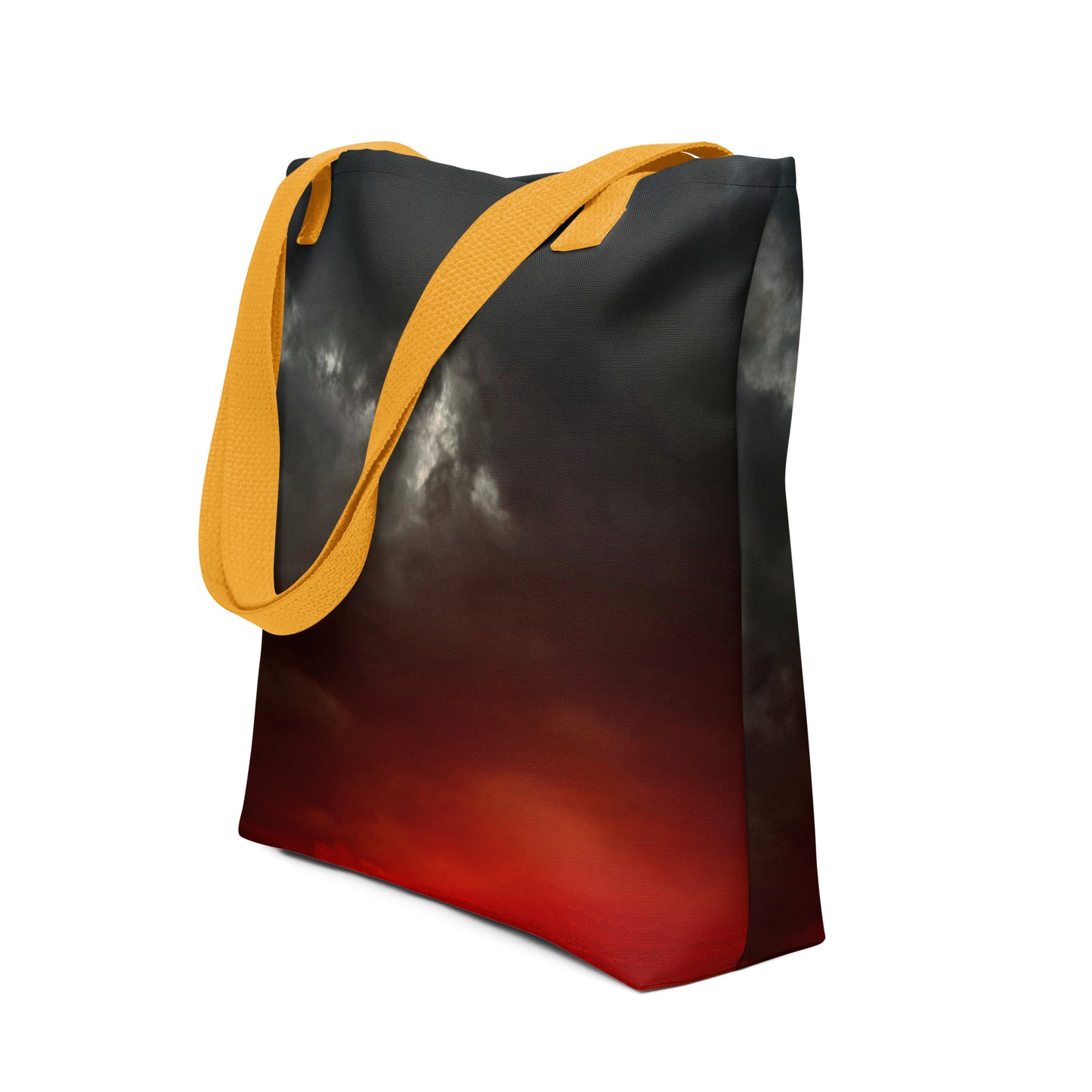 Eco-friendly reusable shopping bag A CLOUDY SUNSET PRINT with dark sky and orange straps