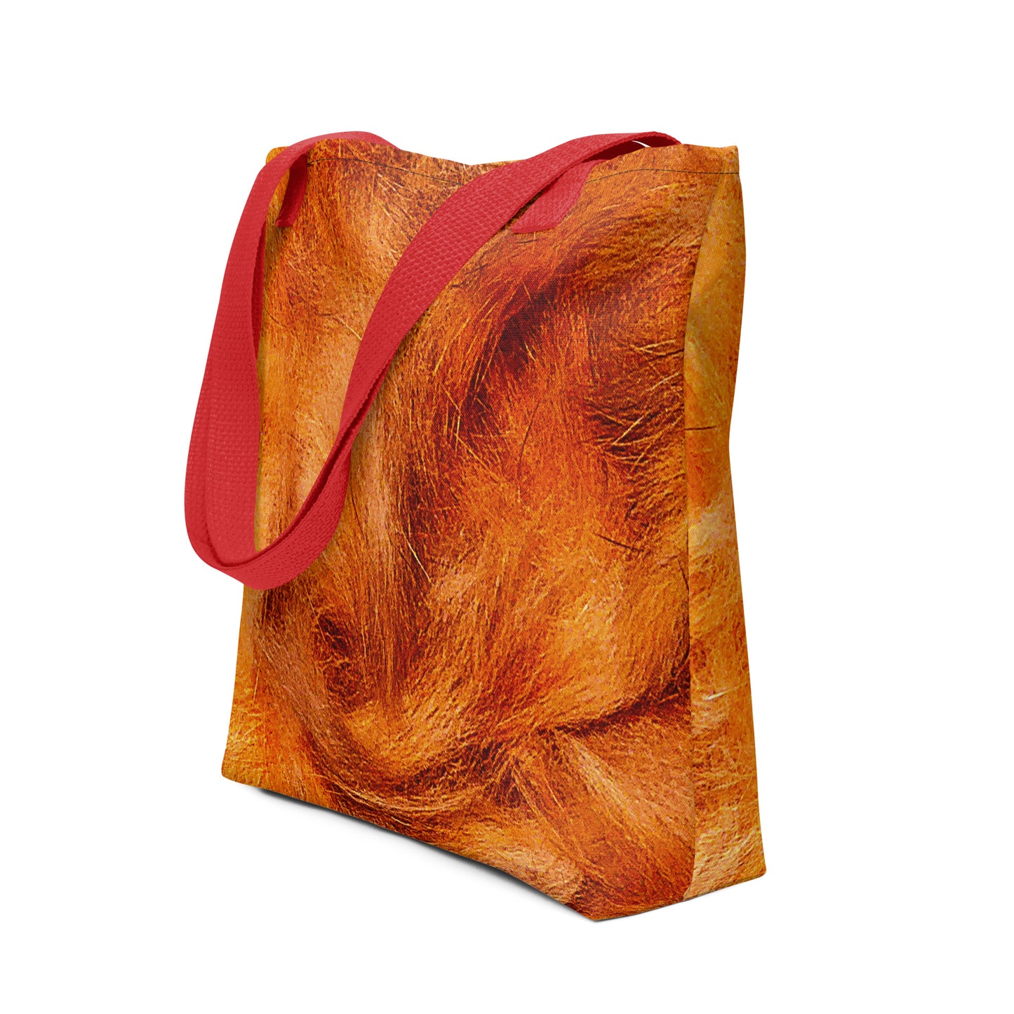Everyday carry beach bag with orange textured design and red straps for casual use