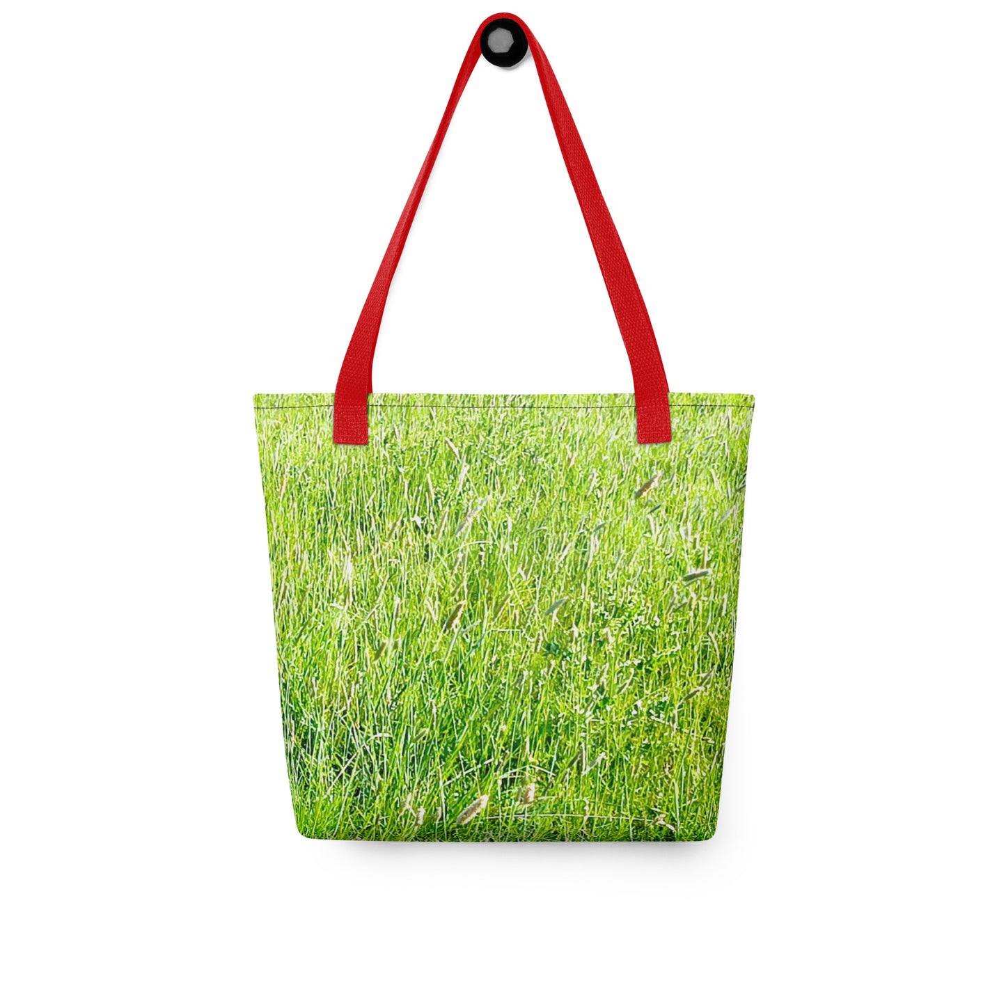 Grass print tote bag with vibrant green grass design and red shoulder straps from NUSH'S STORE