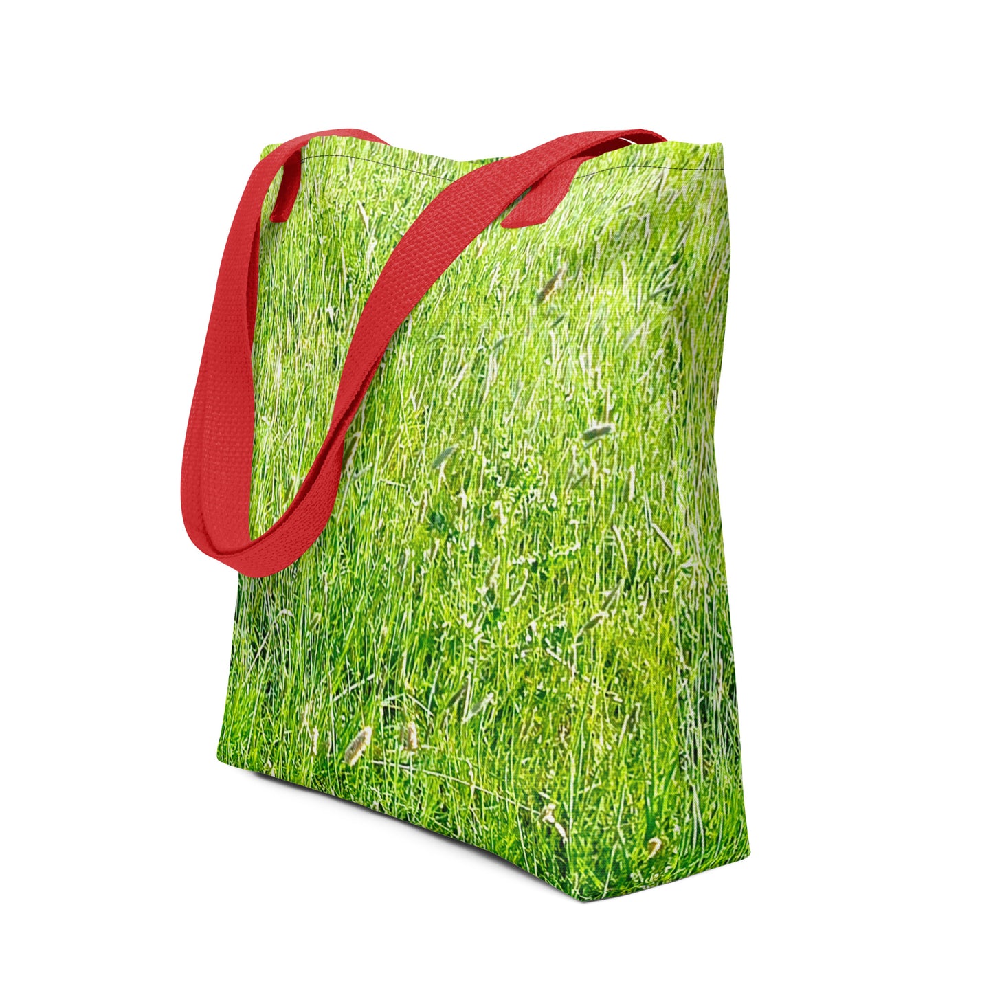 Green grass print tote bag with red shoulder straps from NUSH'S STORE