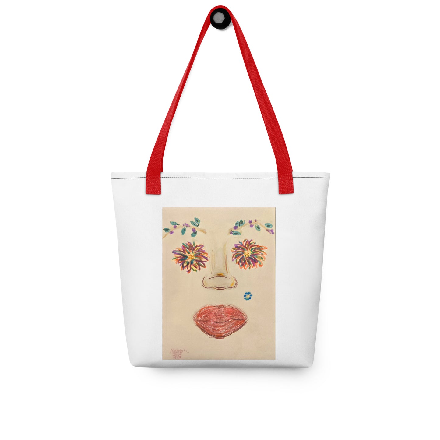 White large canvas tote with face print featuring red lips and floral eyes with red handles