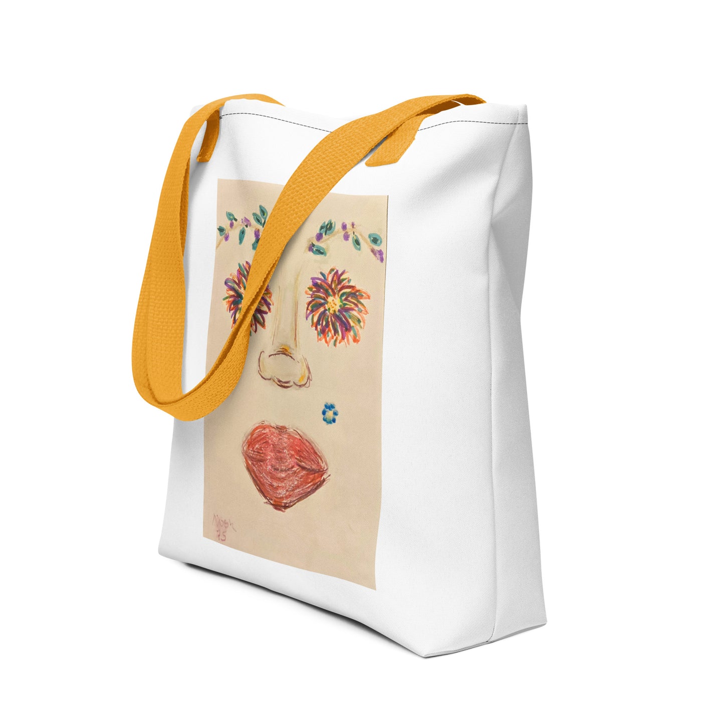 Large canvas tote with face print featuring colorful floral eyes and orange straps from NUSH'S STORE