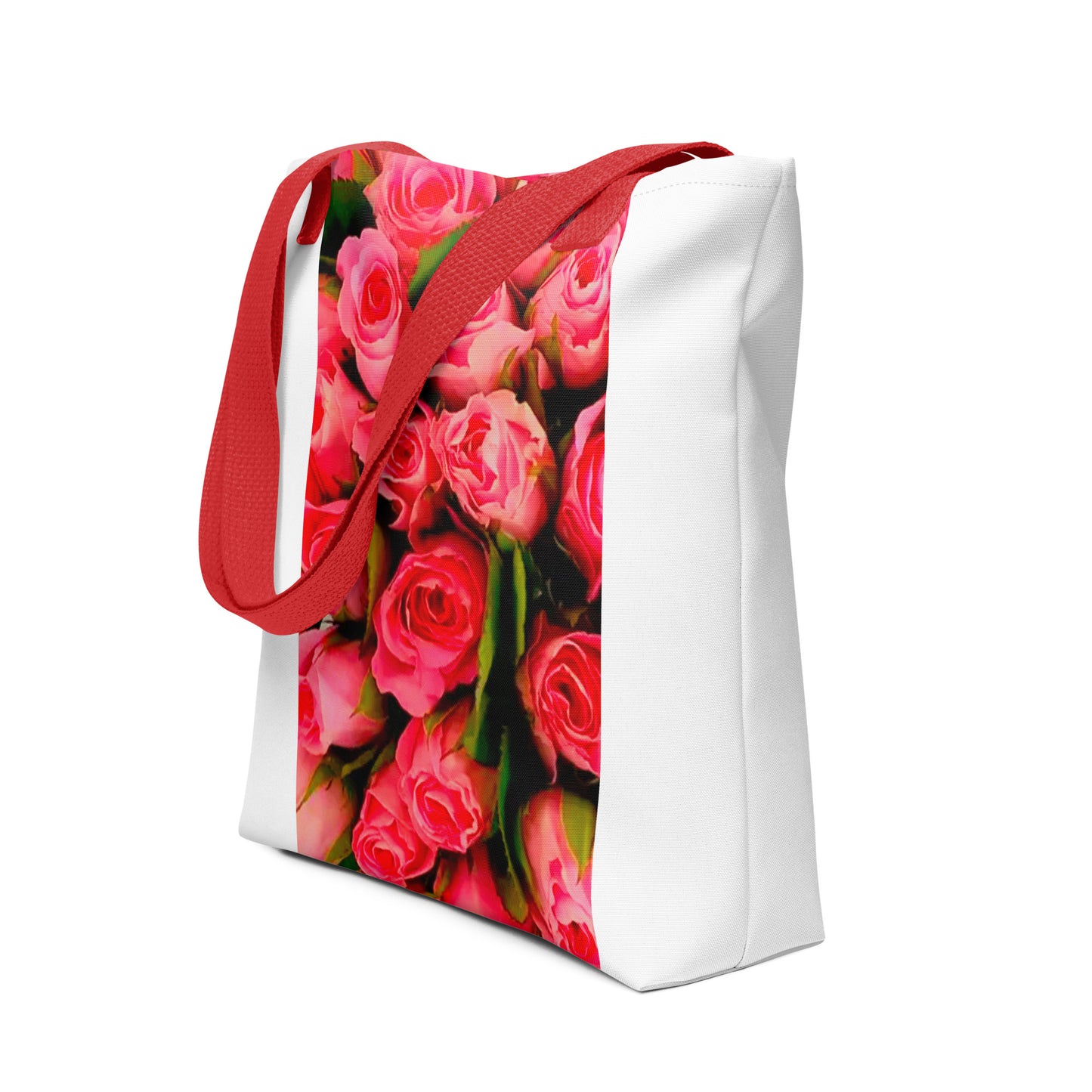 White tote bag with red handles featuring a vibrant pink rose print bag design from NUSH'S STORE