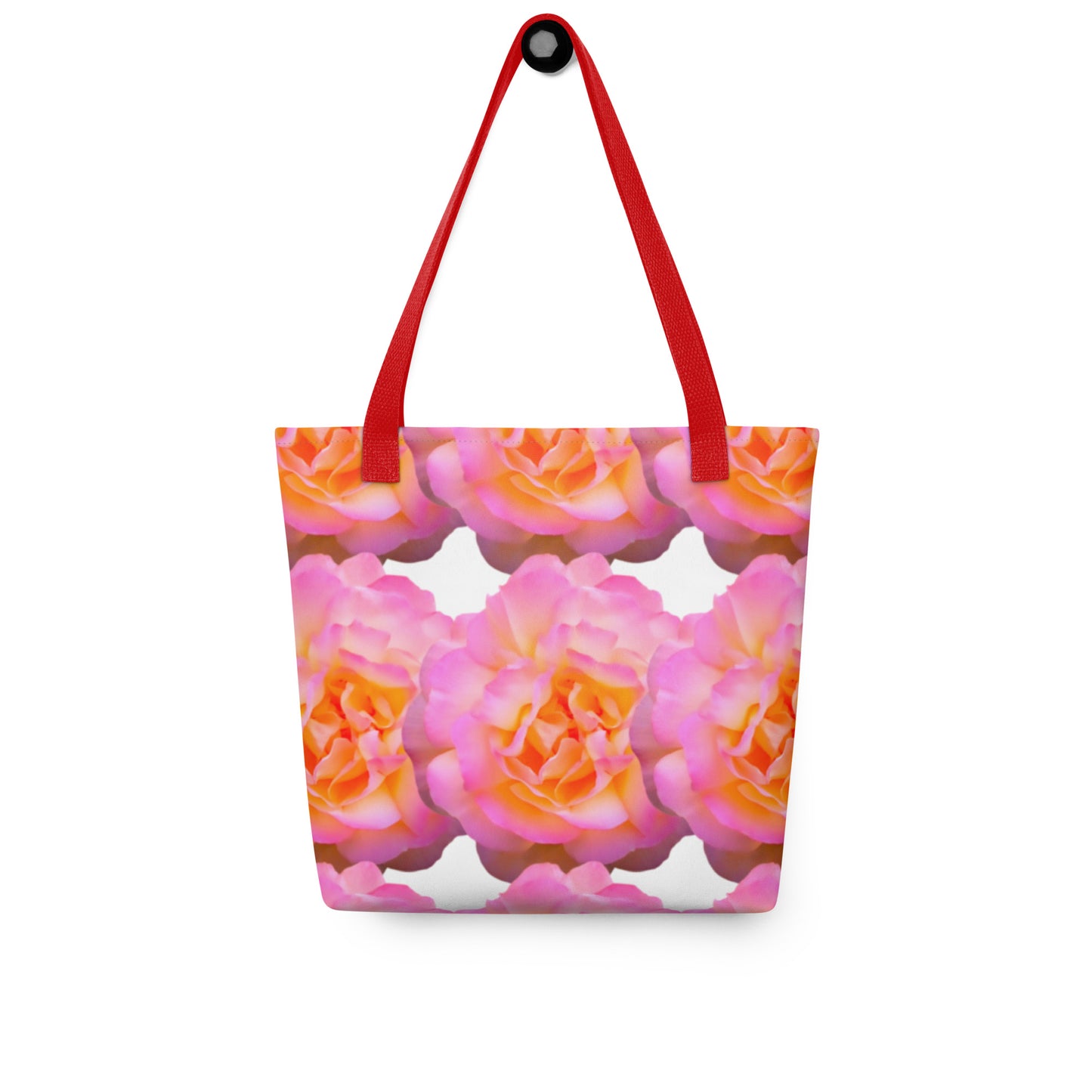 Pink rose shopper bag with vibrant floral pattern and red handles from NUSH'S STORE