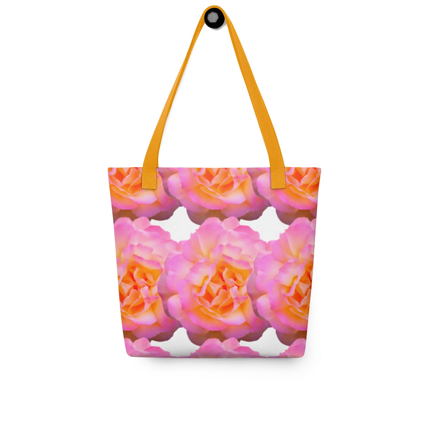 Pink rose shopper bag with orange handles featuring vibrant pink and orange rose pattern
