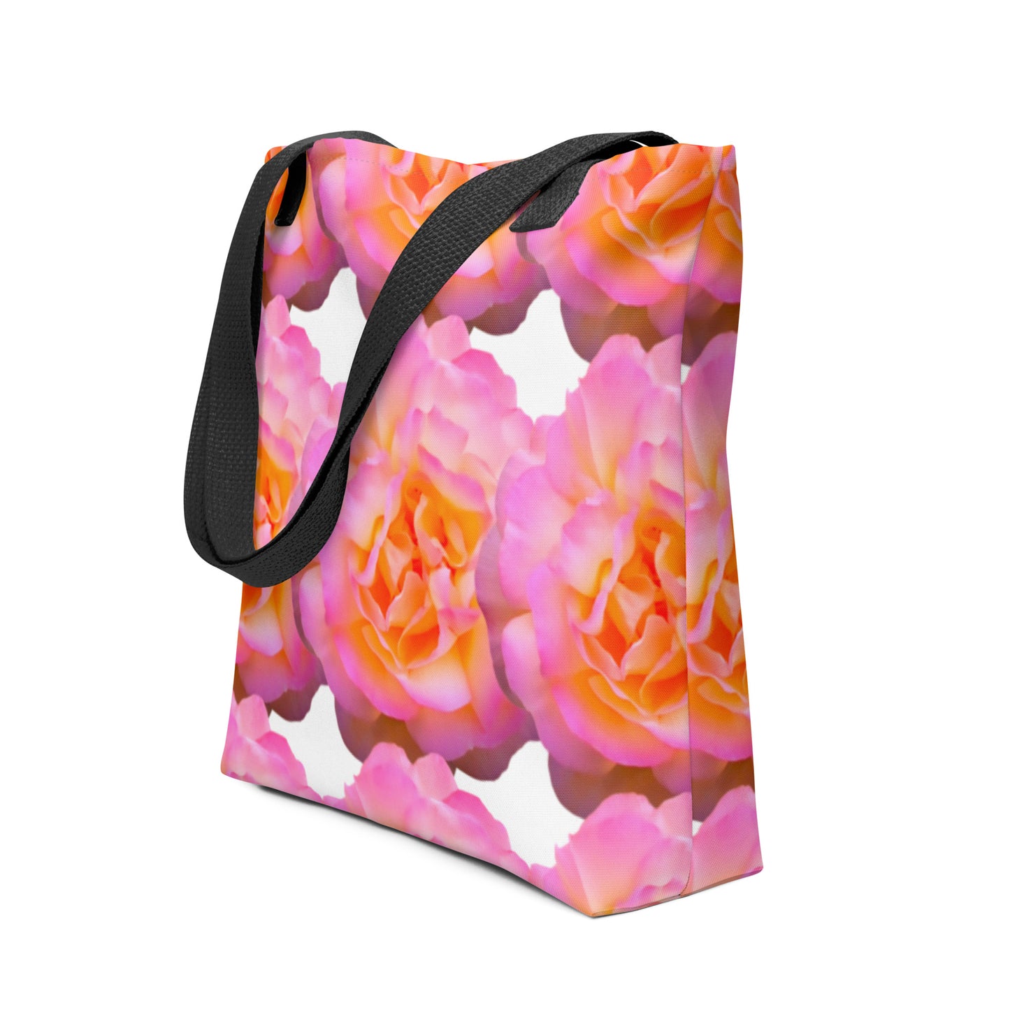 Pink rose shopper bag with vibrant floral design and black shoulder straps from NUSH'S STORE