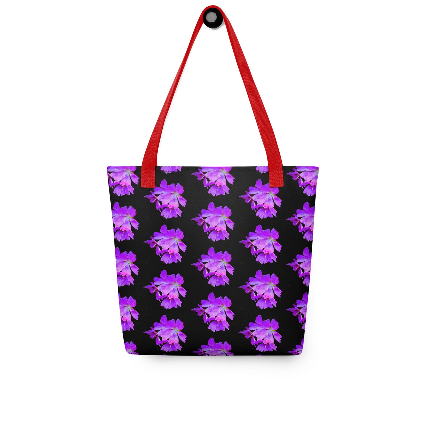 Purple flower print tote with red handles on black background from NUSH'S STORE