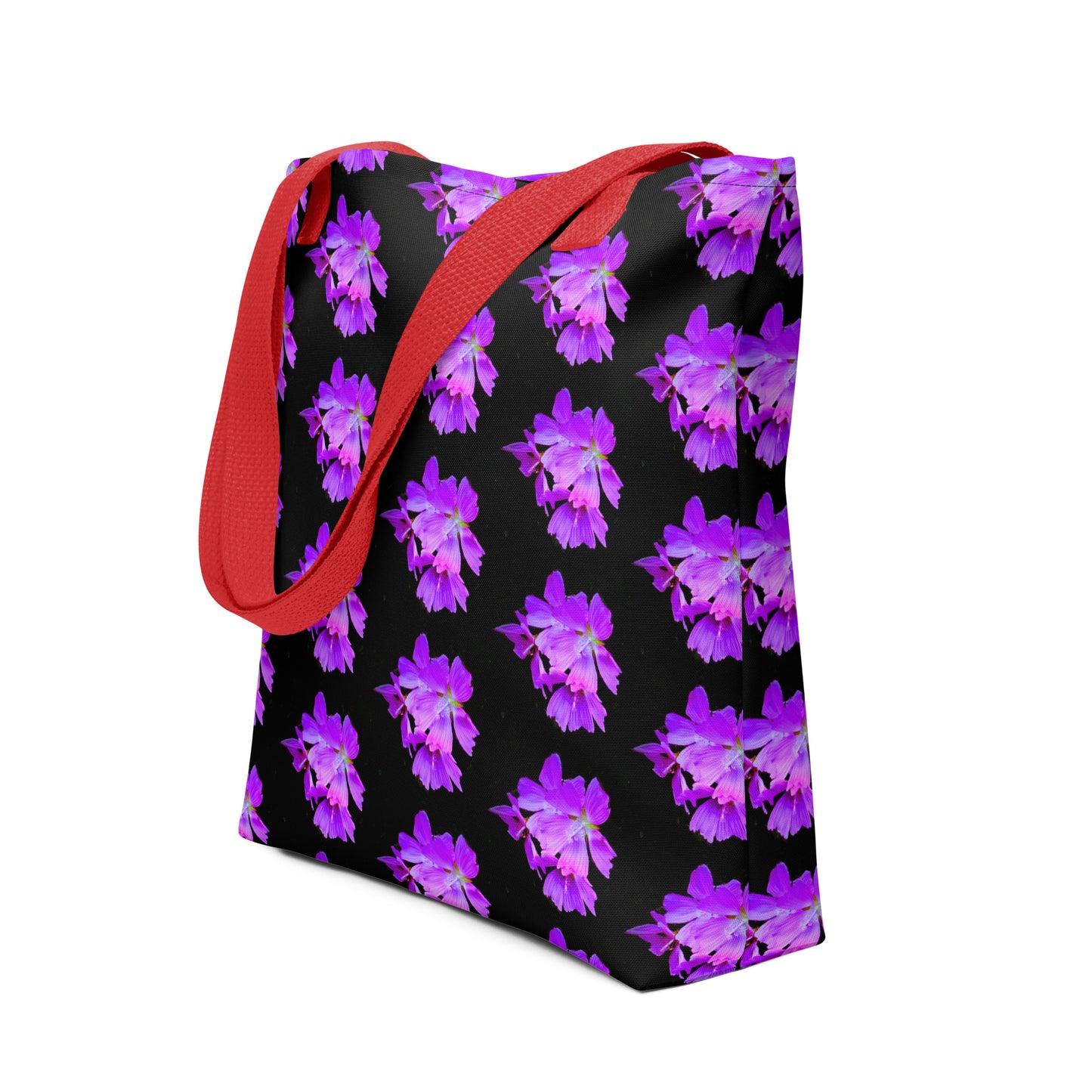 Purple flower print tote with vibrant purple floral design and red shoulder straps