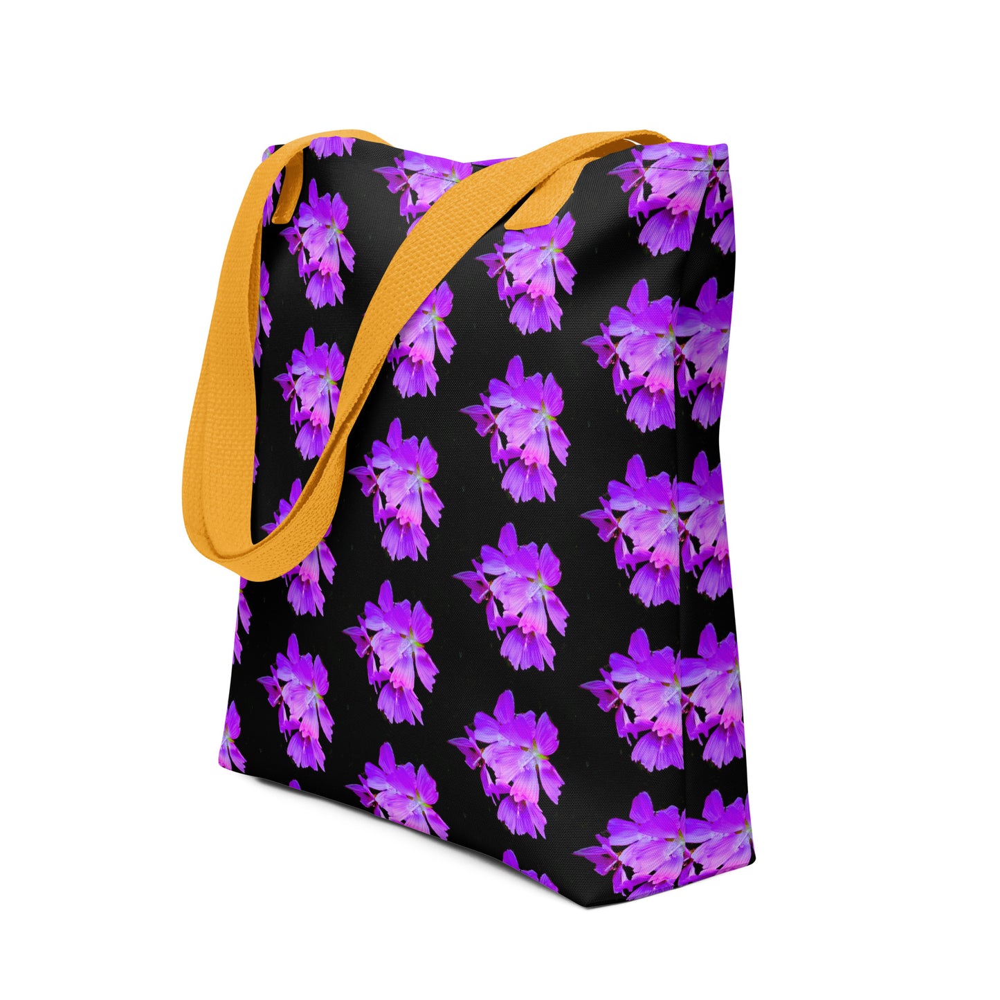 NUSH'S STORE purple flower print tote with vibrant purple flowers on black background and yellow handles