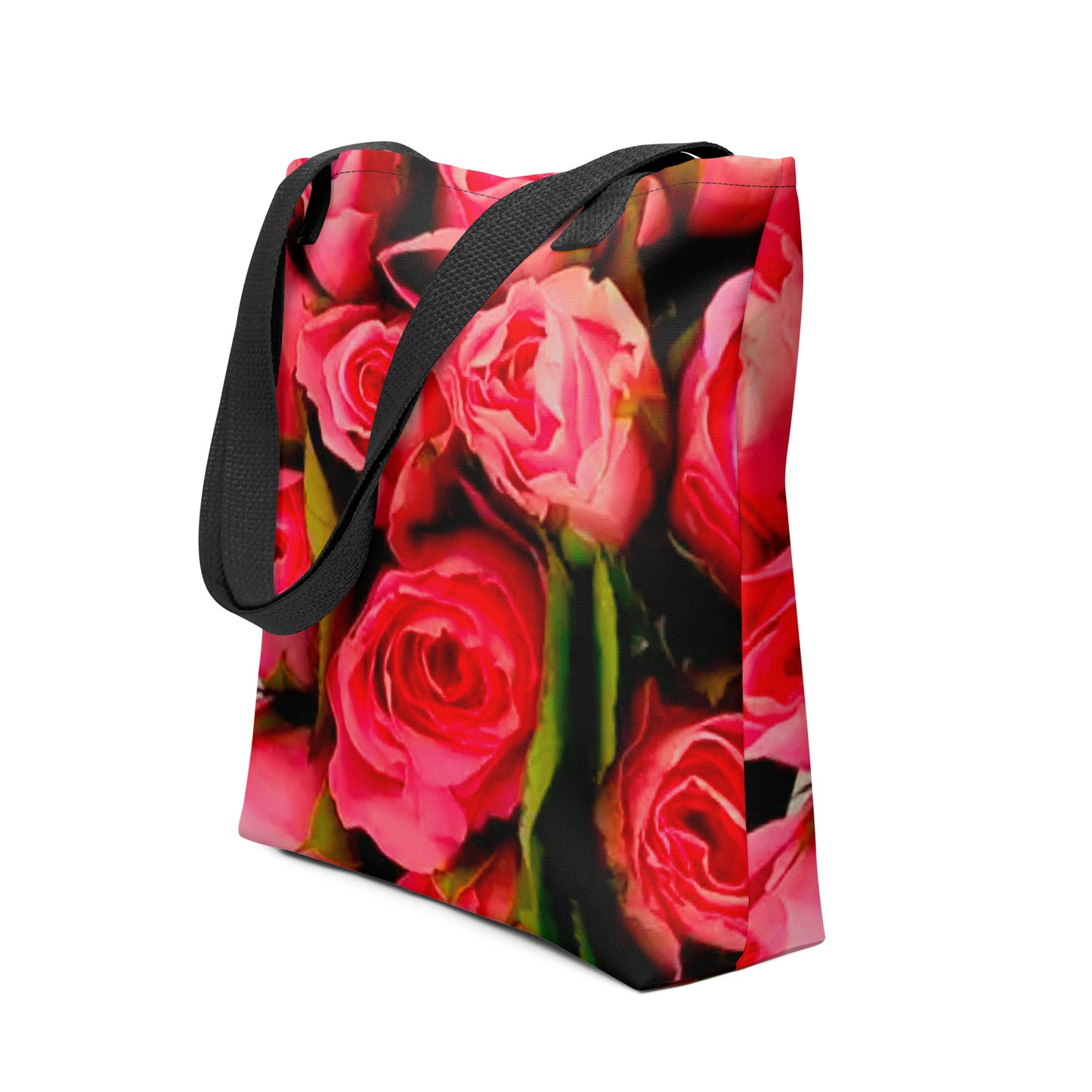 NUSH'S STORE rose print shopping bag with vibrant pink and red roses and black shoulder straps