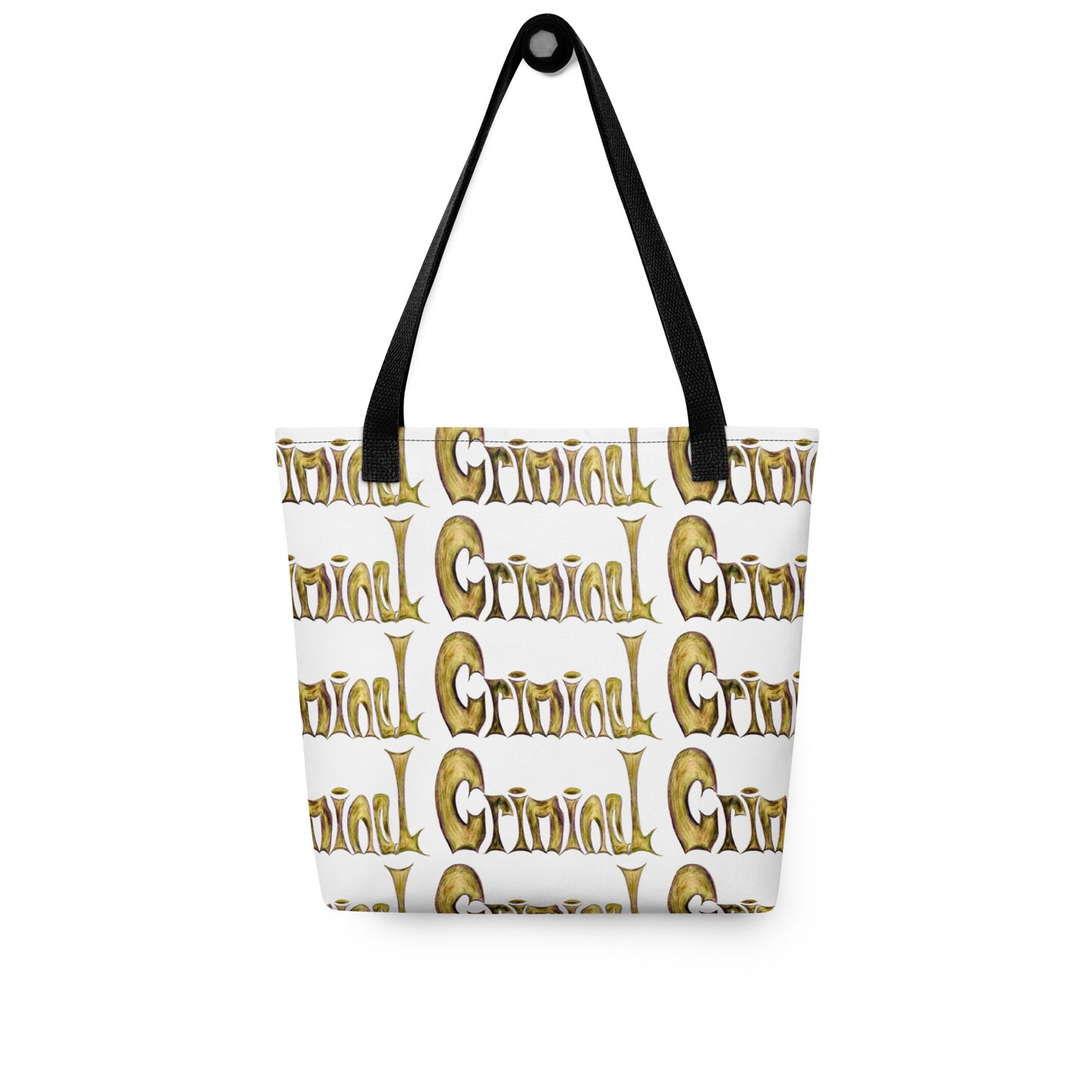 Stylish shopping tote CRIMINAL PRINT with gold and white design and black handles from NUSH'S STORE