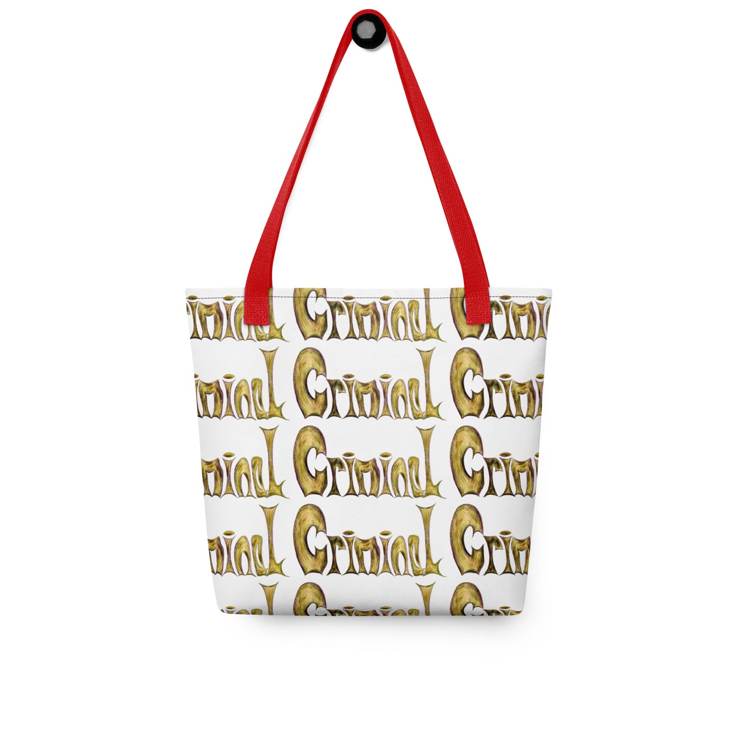 Stylish shopping tote CRIMINAL PRINT with red handles and repeating gold text pattern