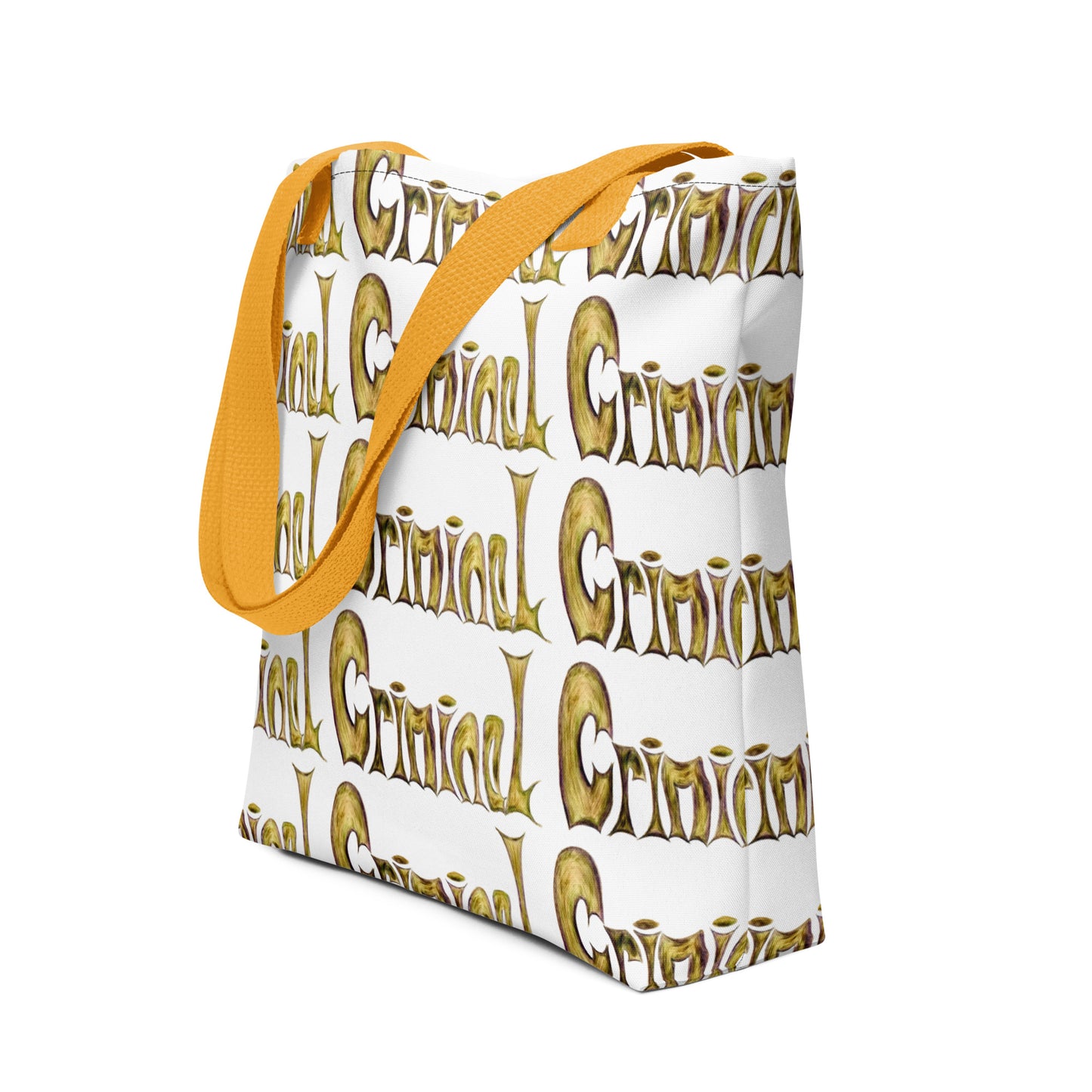 Stylish shopping tote CRIMINAL PRINT with bold yellow text and matching yellow handles