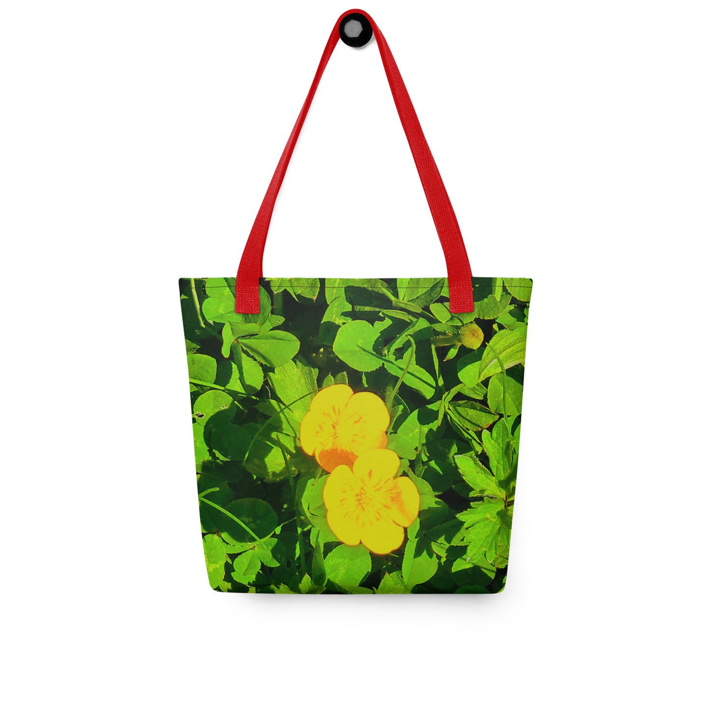 Summer beach tote bag BUTTERCUP PRINT with bright yellow flowers and red handles from NUSH'S STORE