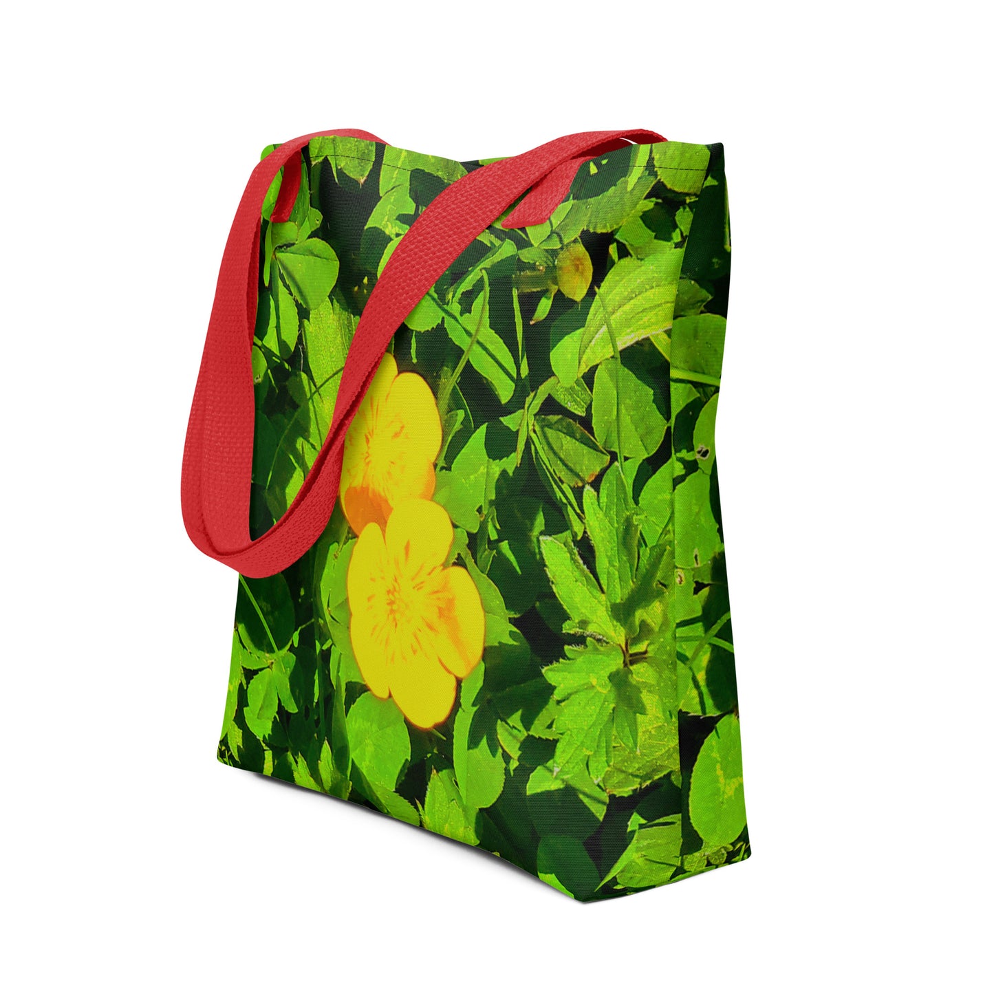 NUSH'S STORE summer beach tote bag BUTTERCUP PRINT with vibrant yellow flowers and red straps