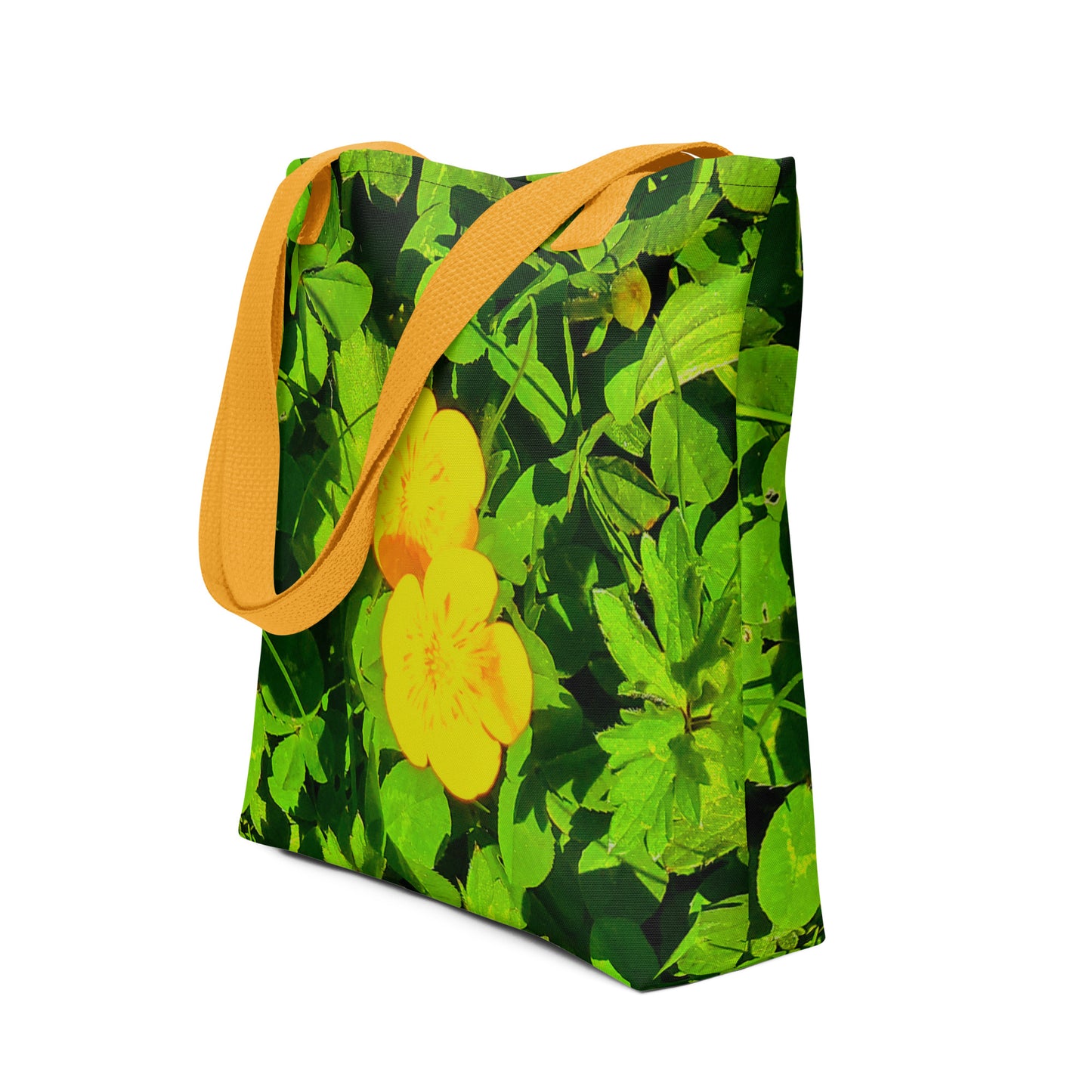 Green leafy patterned summer beach tote bag BUTTERCUP PRINT with yellow handles from NUSH'S STORE