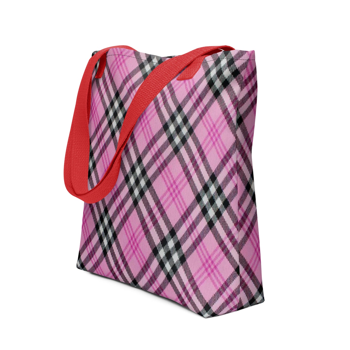Trendy checkered tote purse with pink and black plaid pattern and red handles from NUSH'S STORE