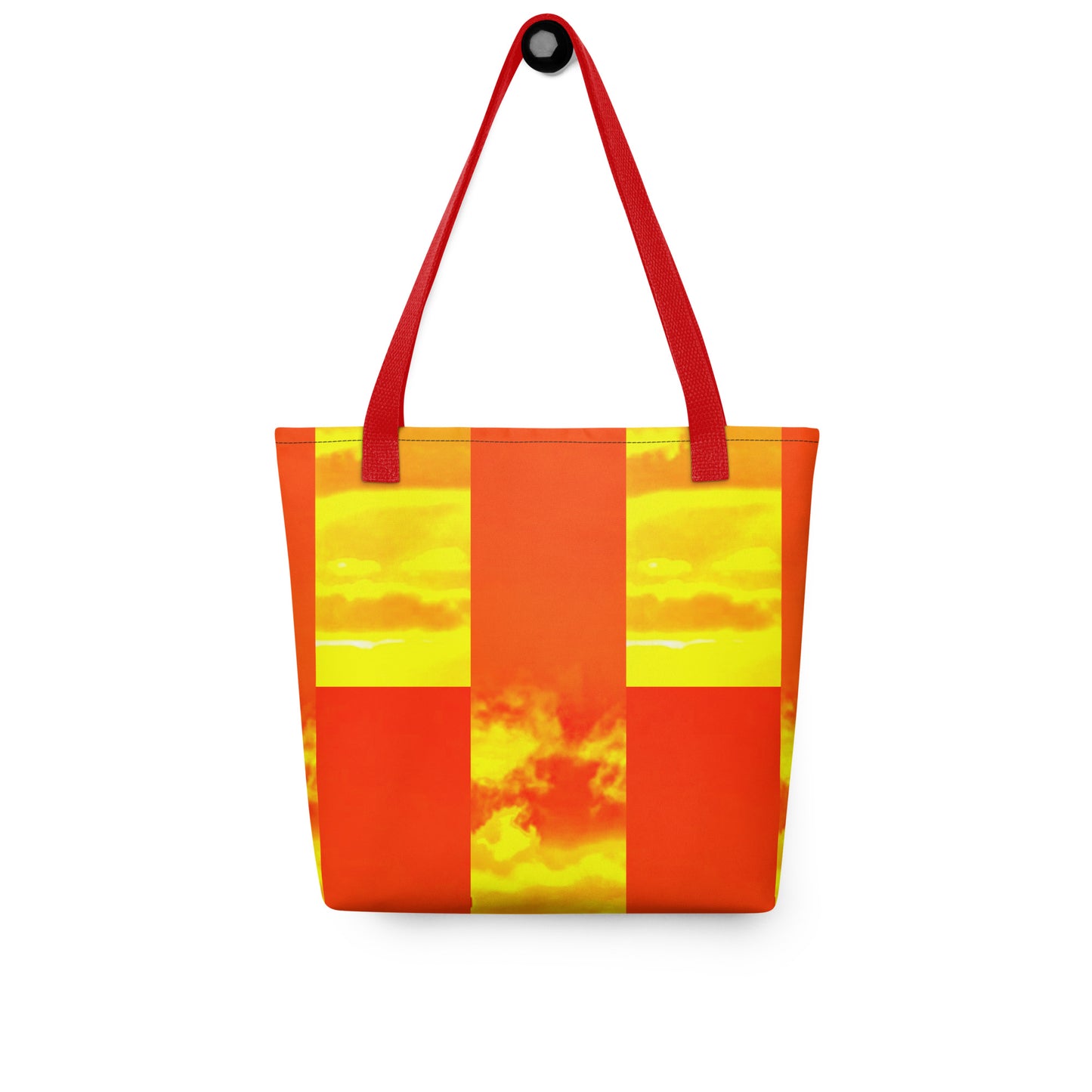 Summer beach tote bag THE PERFECT SUNSET PRINT with orange and yellow sunset design and red handles