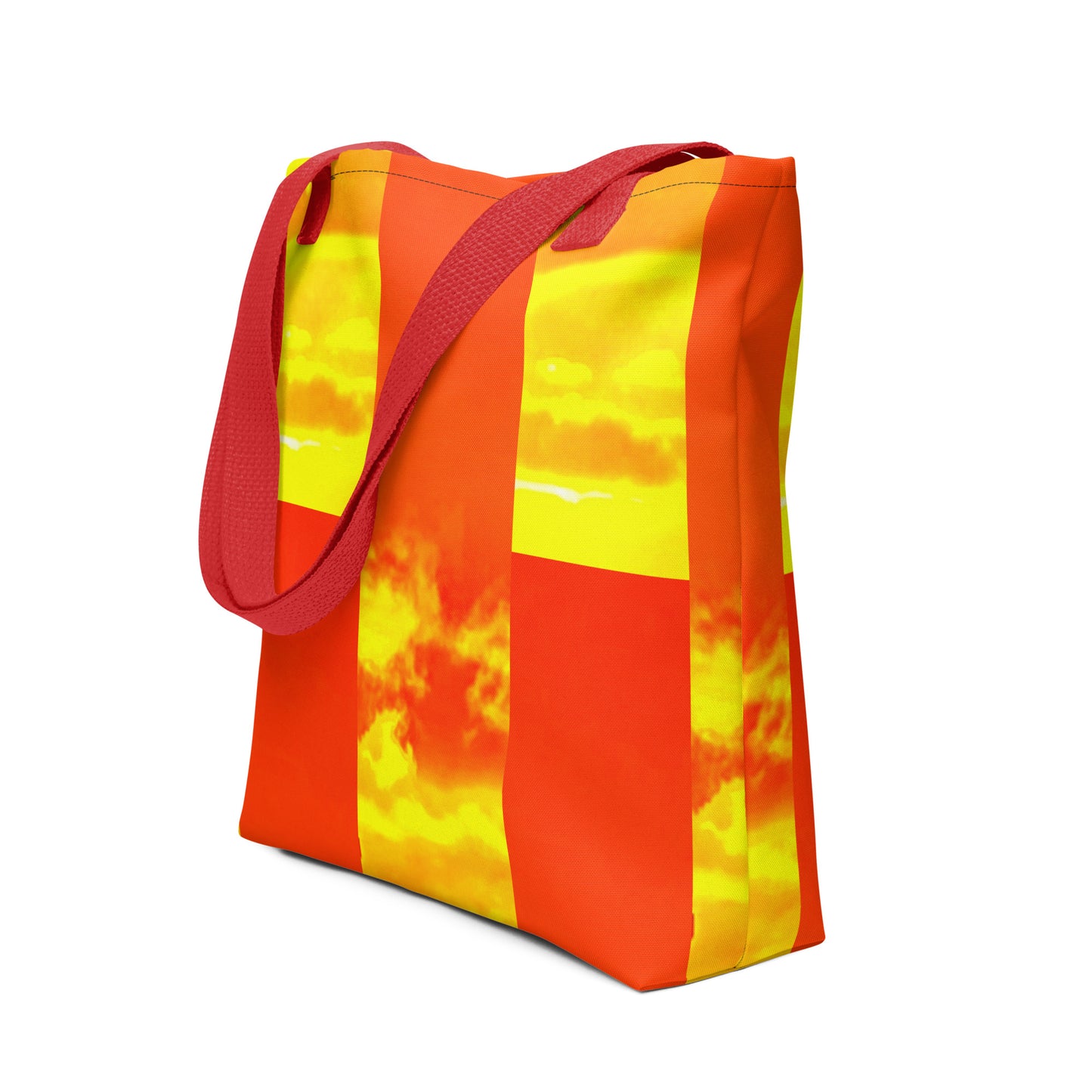 Summer beach tote bag THE PERFECT SUNSET PRINT with orange and yellow sunset design and red straps