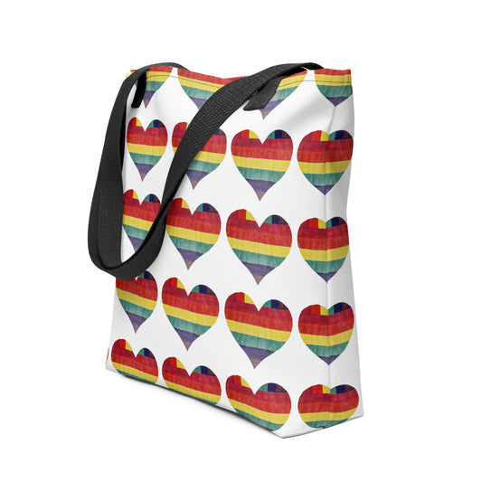 LGBT pride tote bag with rainbow heart pattern and black shoulder straps from NUSH'S STORE