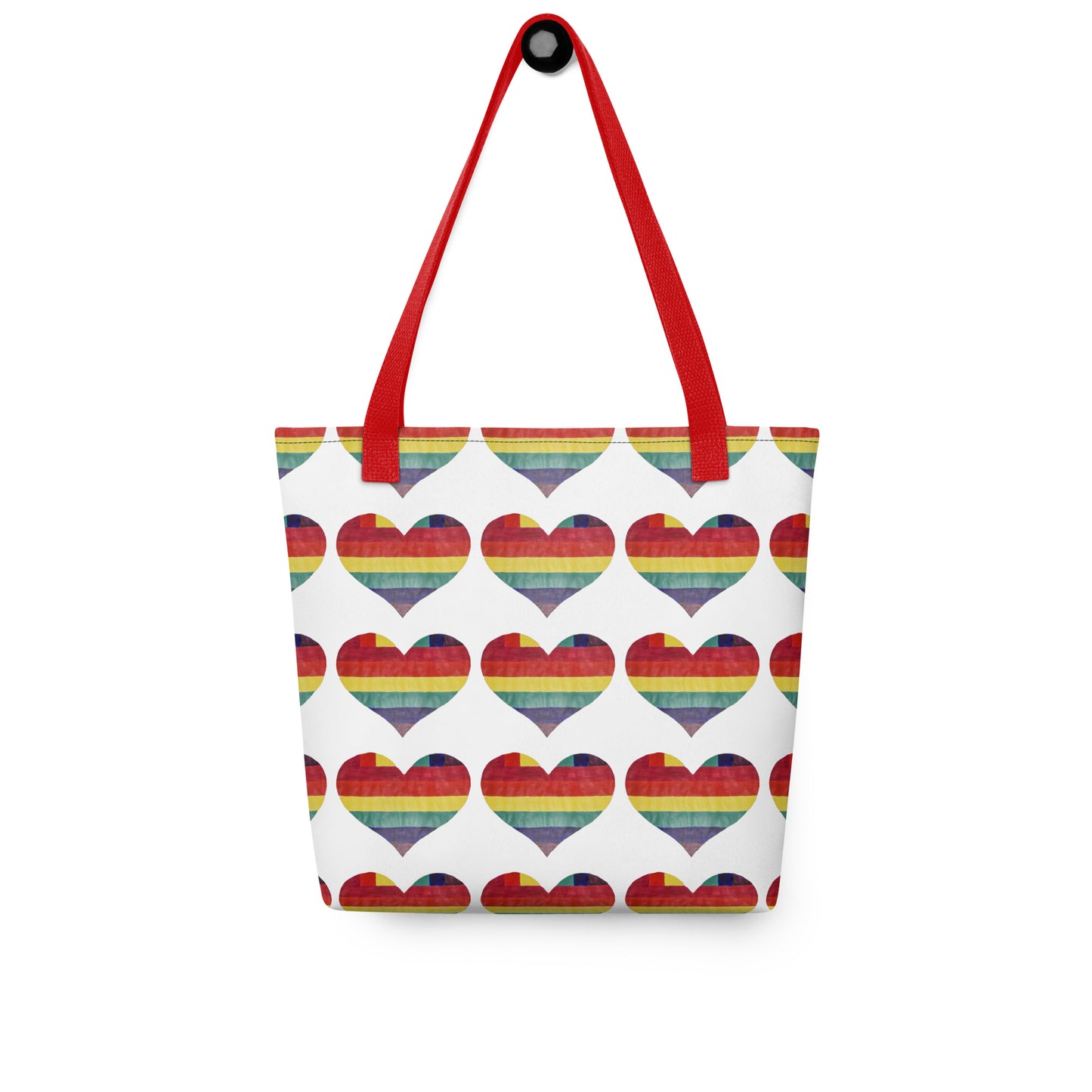 LGBT pride tote bag with rainbow heart pattern and red handles from NUSH'S STORE