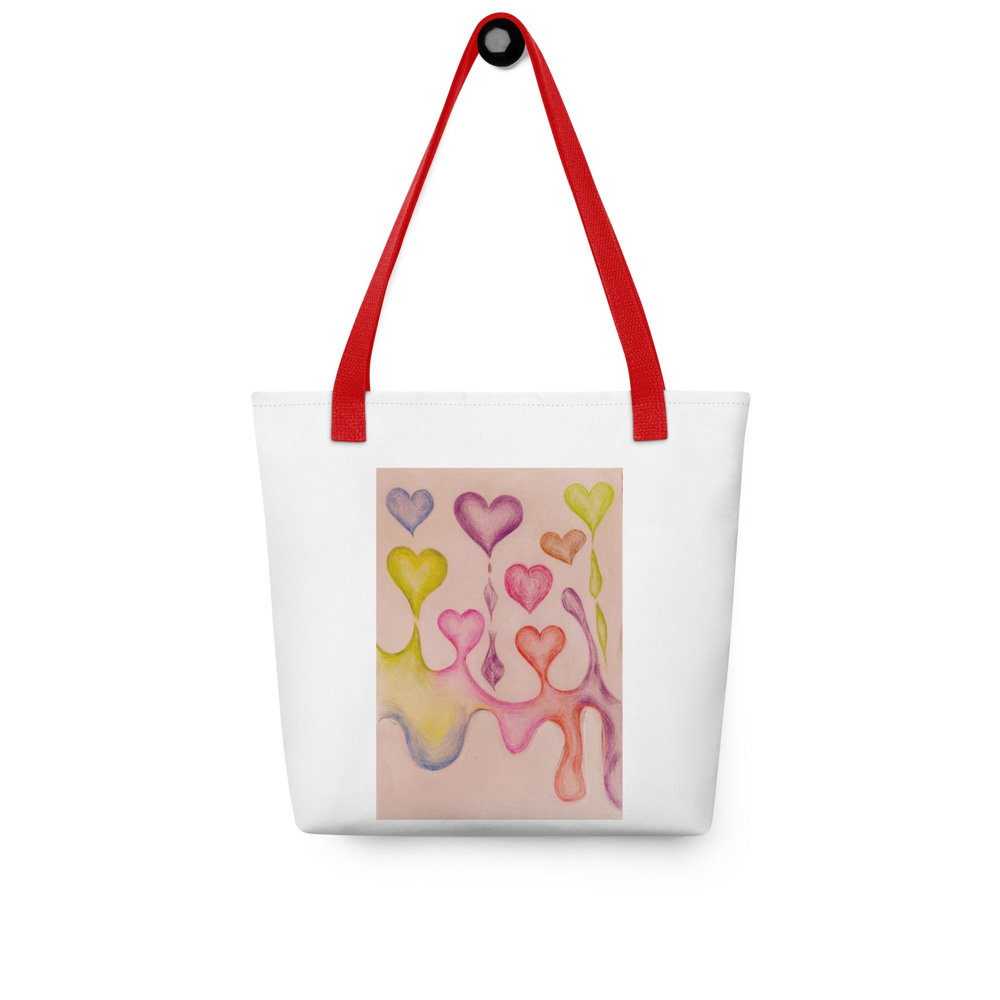 White tote bag with red straps featuring an artistic heart print tote bag design in pastel colors
