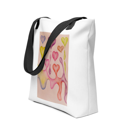 White tote bag with colorful artistic heart print tote bag design and black shoulder straps