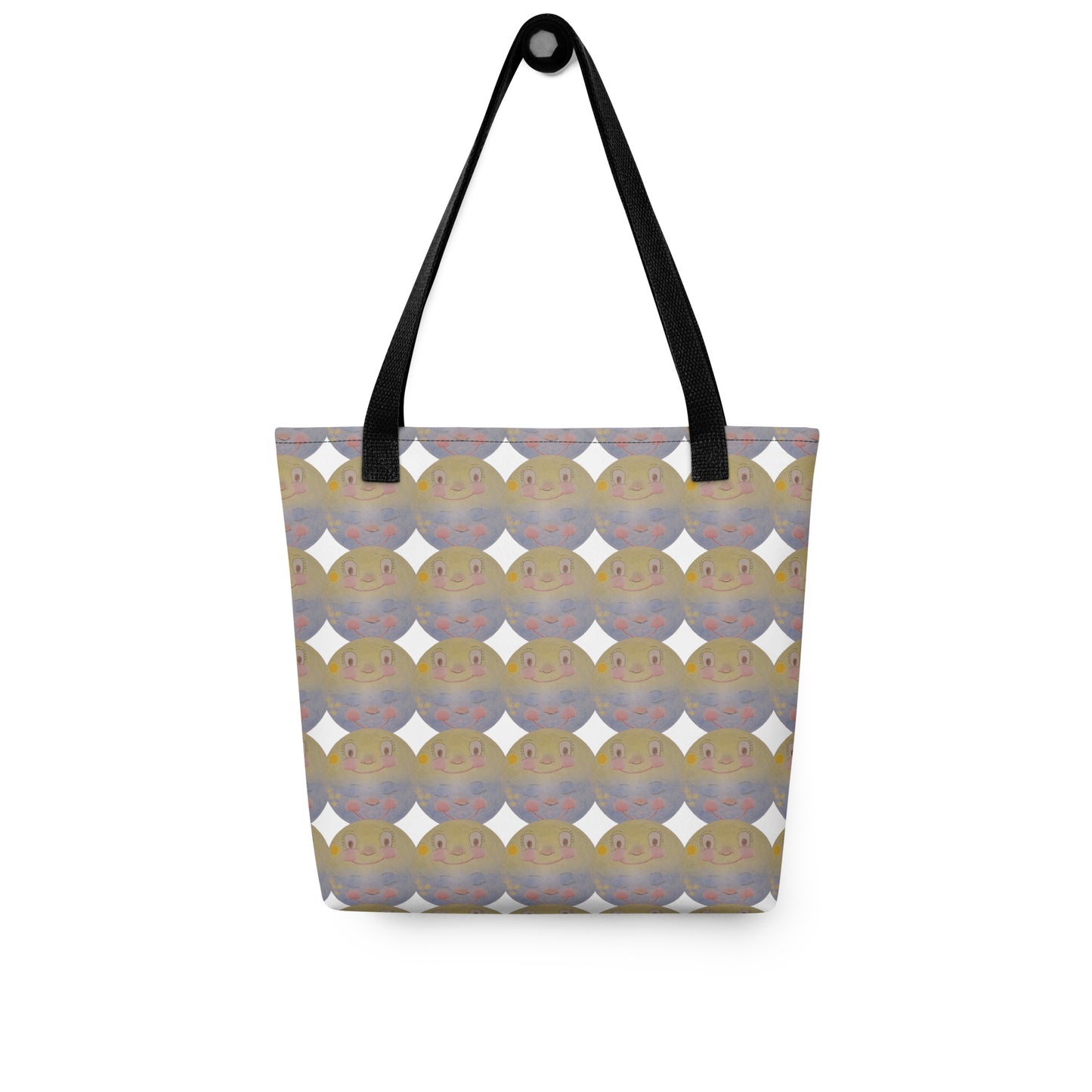 Beach tote bag with cartoon print SUNNY MOON PRINT featuring smiling moon faces and black handles
