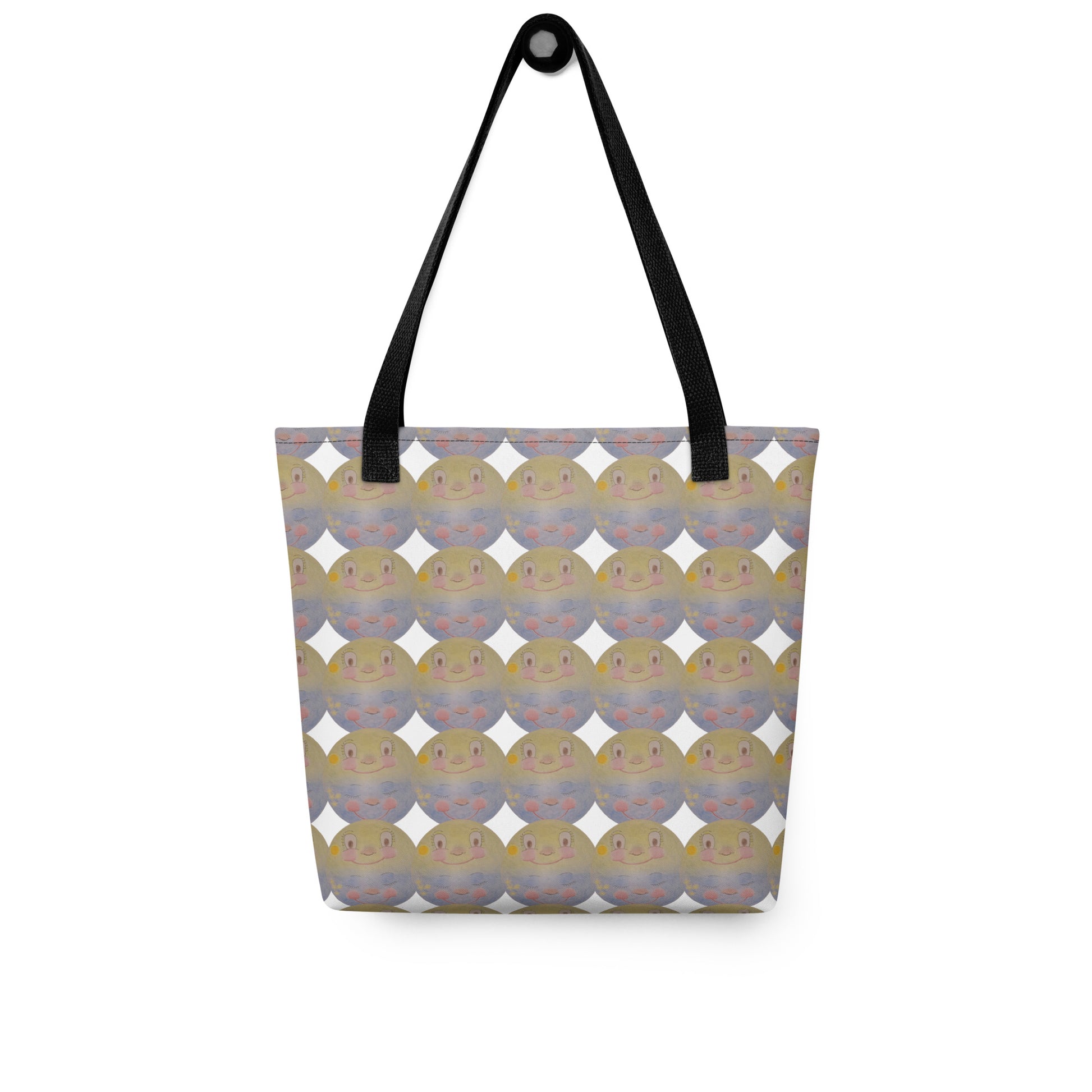 Beach tote bag with cartoon print SUNNY MOON PRINT featuring smiling moon faces and black handles