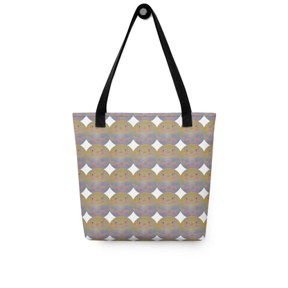 Beach tote bag with cartoon print SUNNY MOON PRINT featuring smiling moon faces and black handles