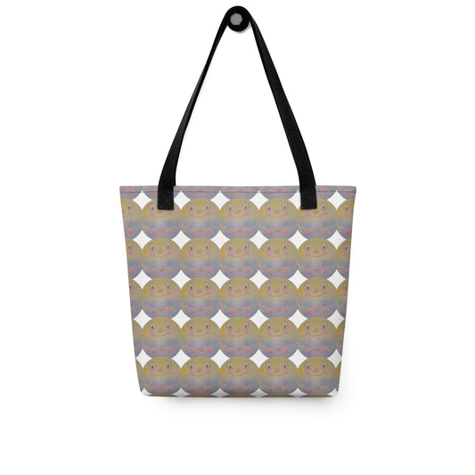 Beach tote bag with cartoon print SUNNY MOON PRINT featuring smiling moon faces and black handles