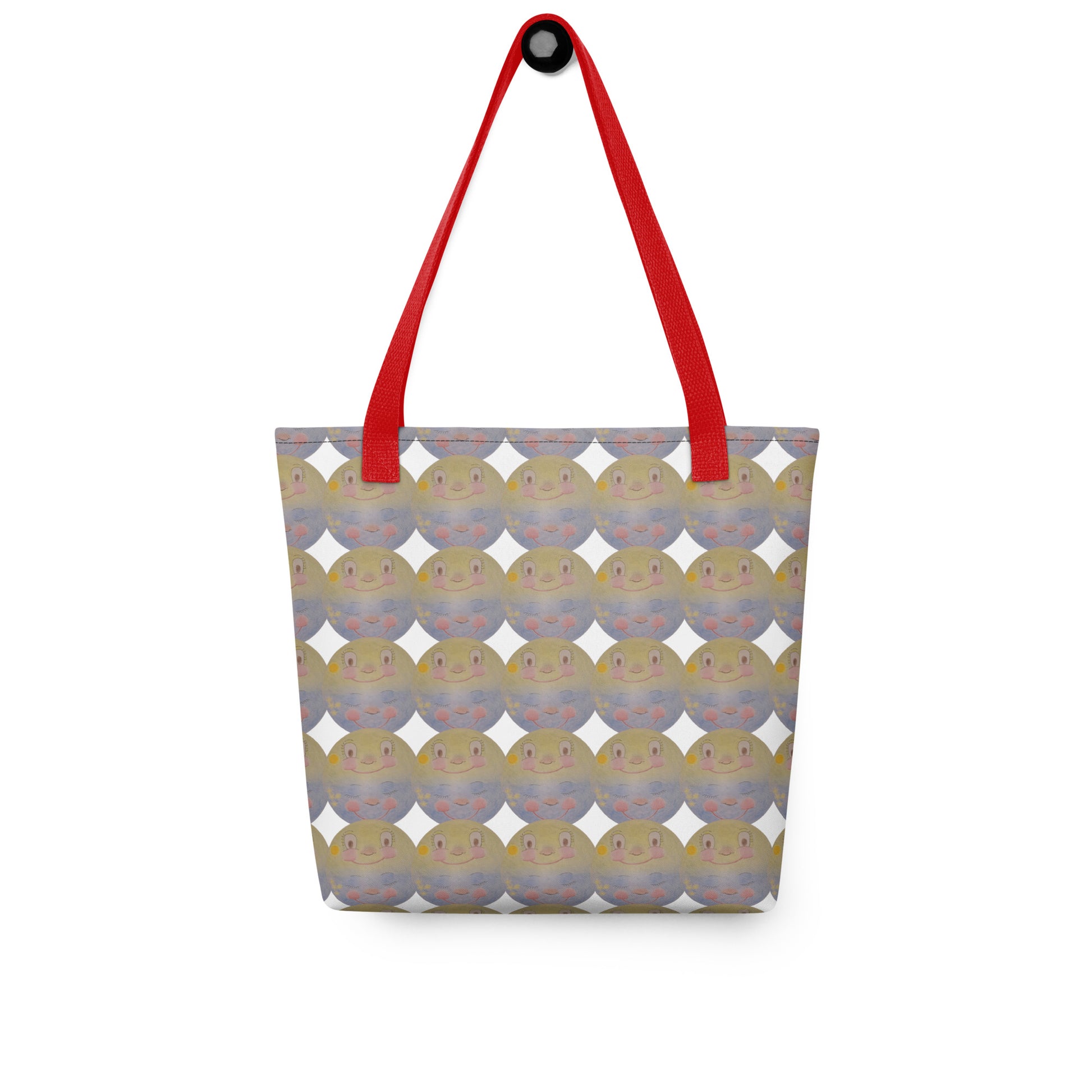 Beach tote bag with cartoon print SUNNY MOON PRINT featuring yellow moons and red handles