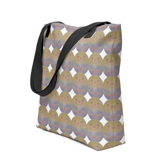 Beach tote bag with cartoon print SUNNY MOON PRINT featuring smiling round faces and black handles
