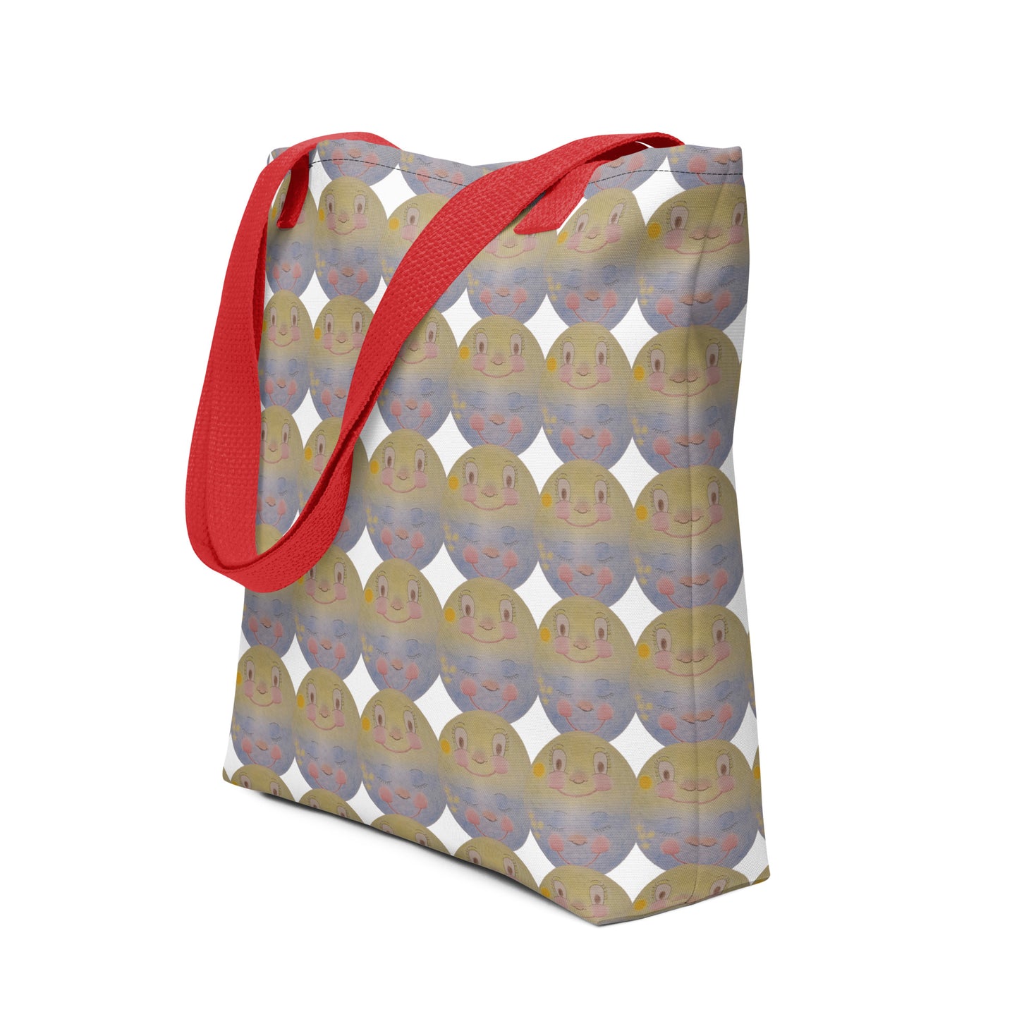 Beach tote bag with cartoon print SUNNY MOON PRINT featuring smiling moon faces and red handles