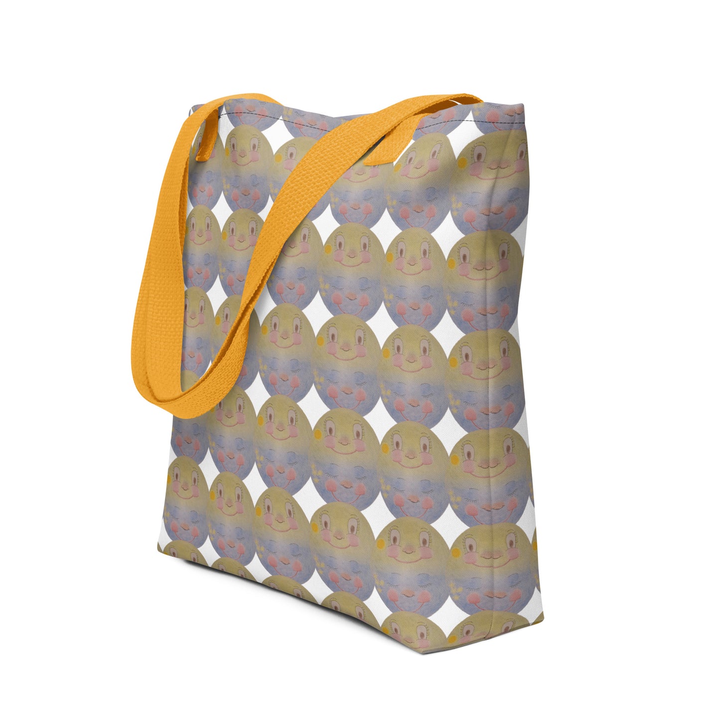 Beach tote bag with cartoon print SUNNY MOON PRINT featuring yellow smiley faces and orange straps